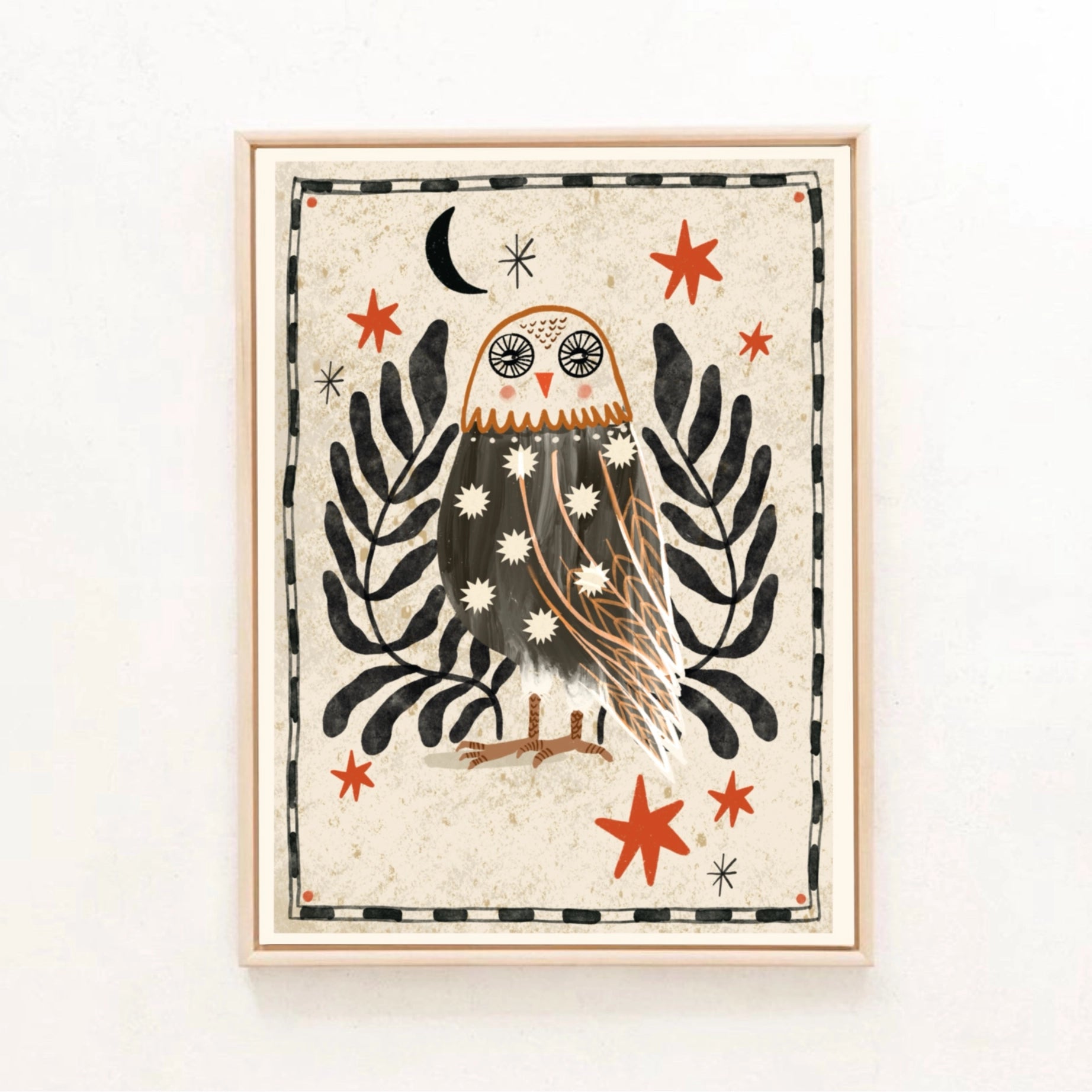 Carole Hillman French Folk Owl A5 unframed print features owl, flowers, red stars & crescent moon on beige—folklore wall art.