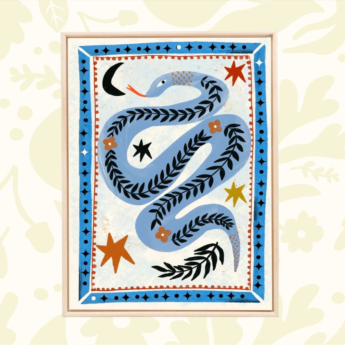Carole Hillman blue folk art snake print, A4, with leaves, stars & moon. French serpent wall decor, unframed art.