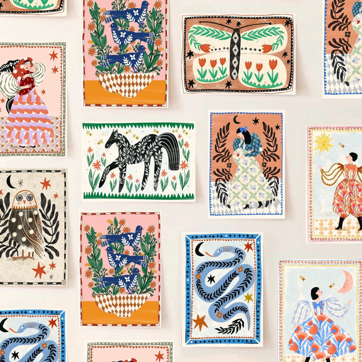 Carole Hillman French folk art A4 print with vibrant people, animals, serpent, and plants on a light background.