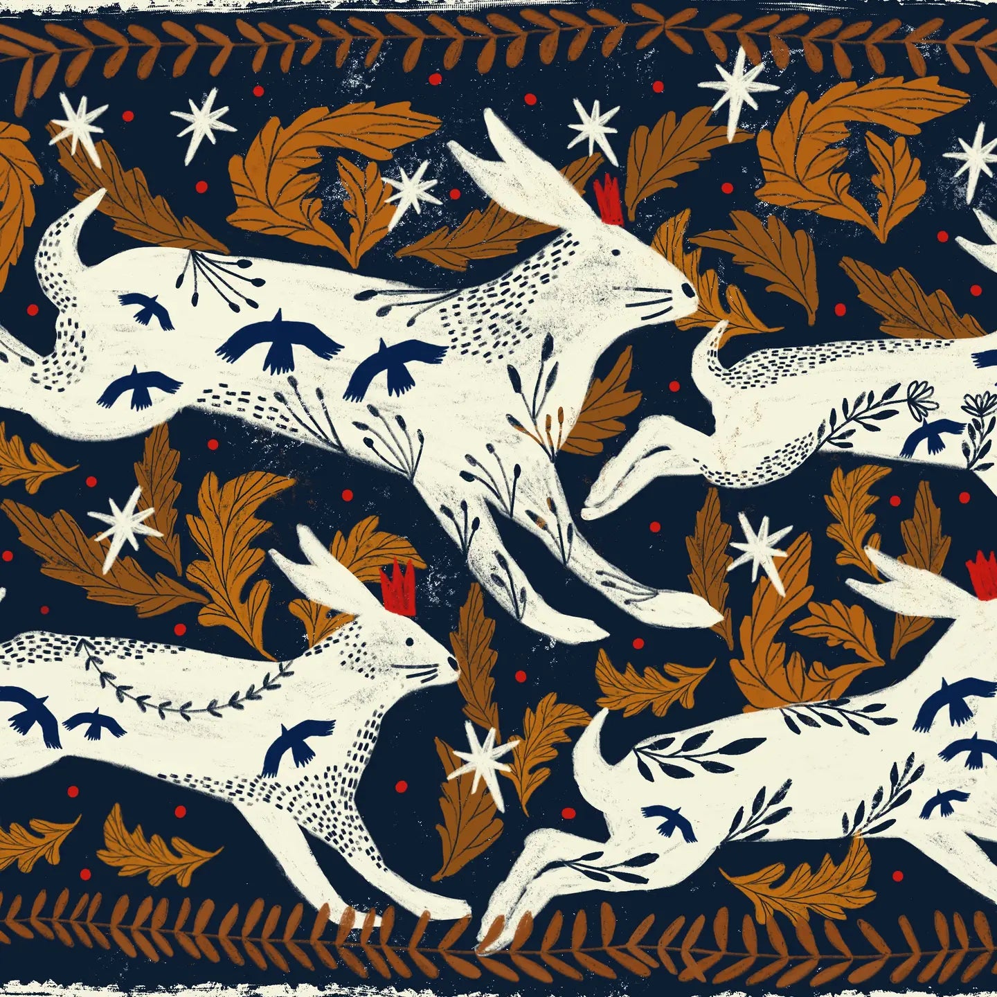 Carole Hillman French Folk Hares Dark Blue Card with white hares, blue accents, gold leaves, and red berries. Unique greeting card.