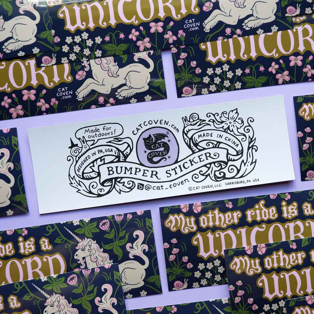 Cat Coven bumper sticker reads "My Other Ride Is A Unicorn"—fantasy unicorn car decal, perfect gift for dreamers and riders.