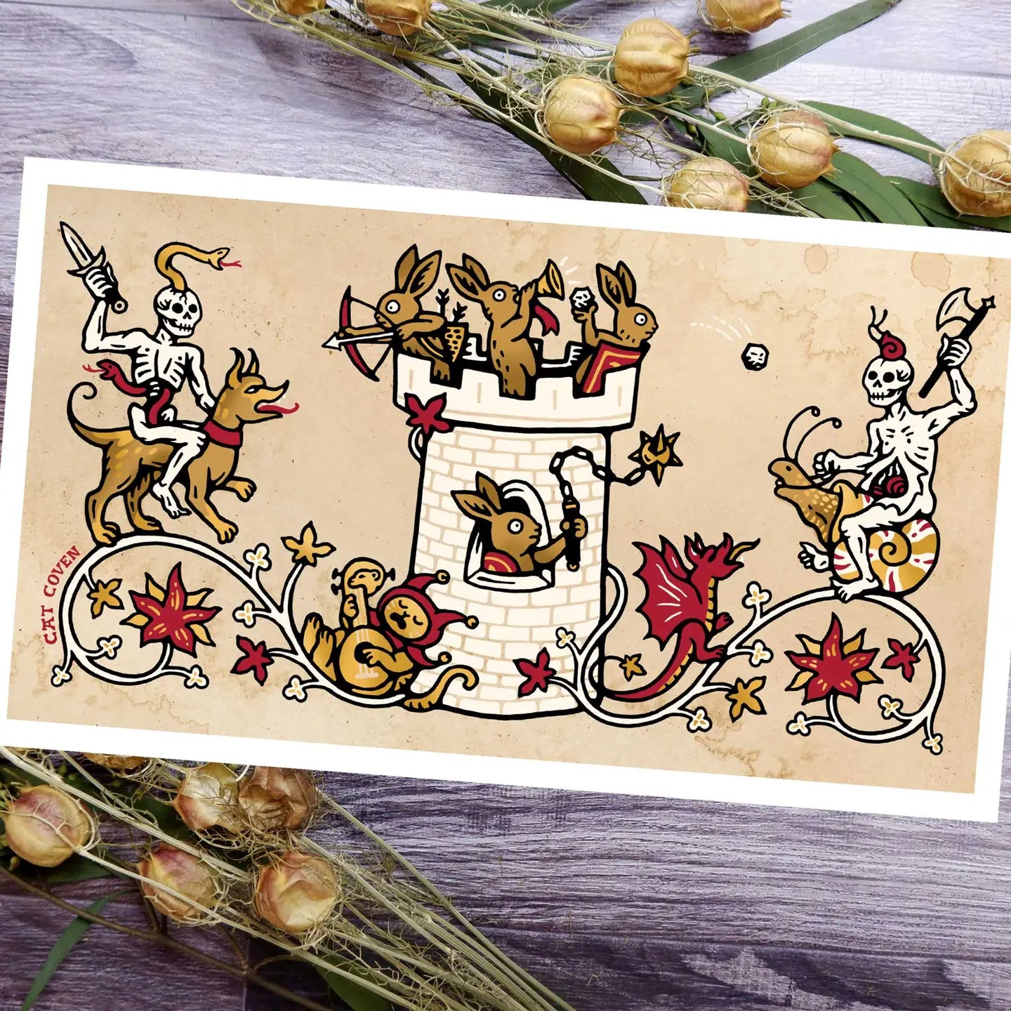 Cat Coven art print: medieval castle scene with whimsical armored skeletons & rabbits, 5.75x10" wall decor.