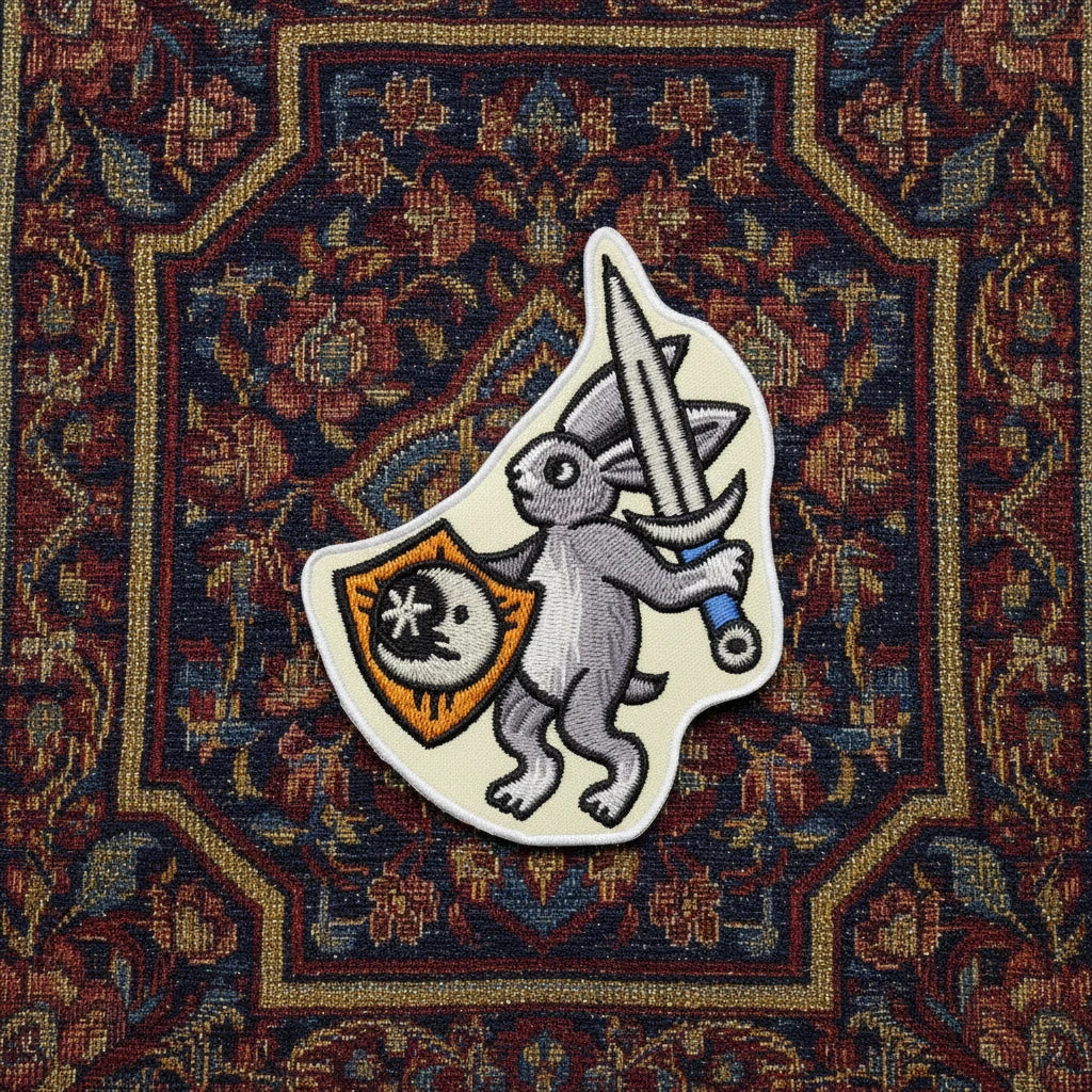 Cat Coven Medieval Warrior Rabbit Patch: gray embroidered bunny holding sword and shield, iron-on, Forager Provisions LTD.