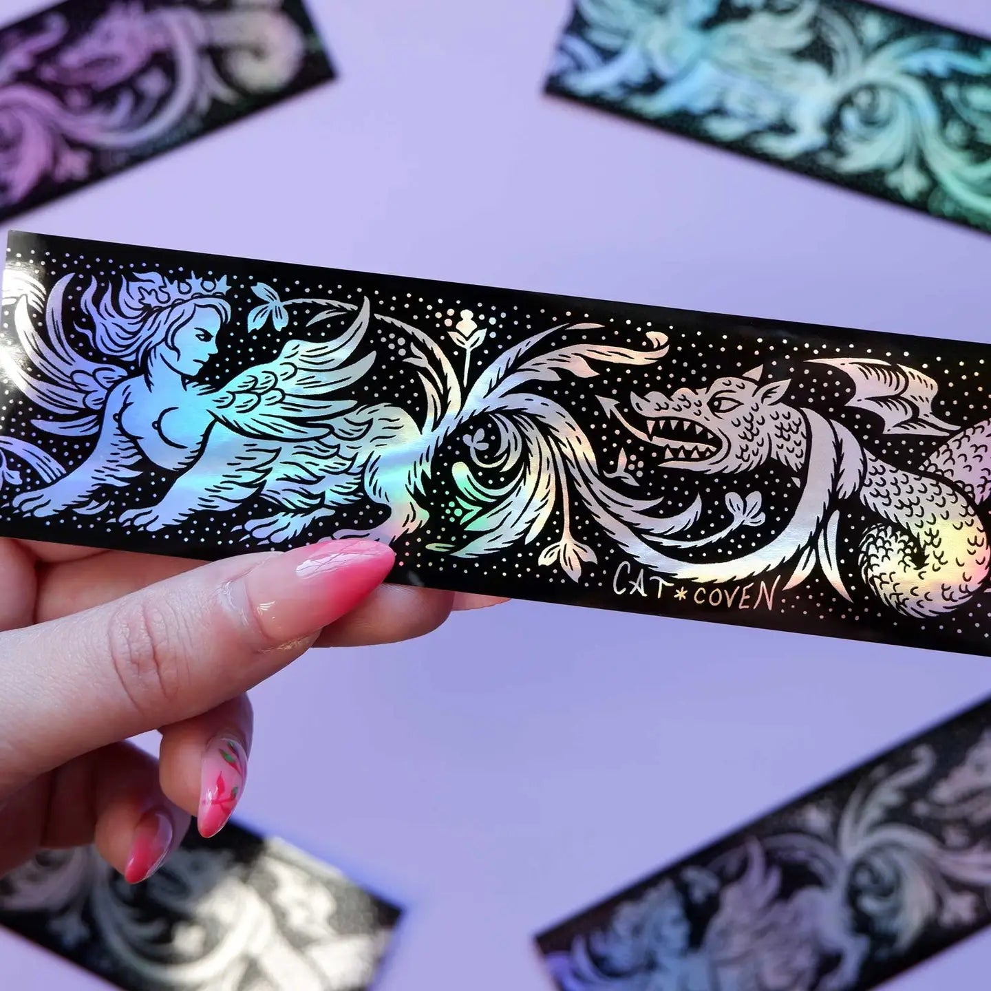 Forager Provisions LTD Cat Coven holographic vinyl sticker featuring a detailed sphinx and dragon illustration.