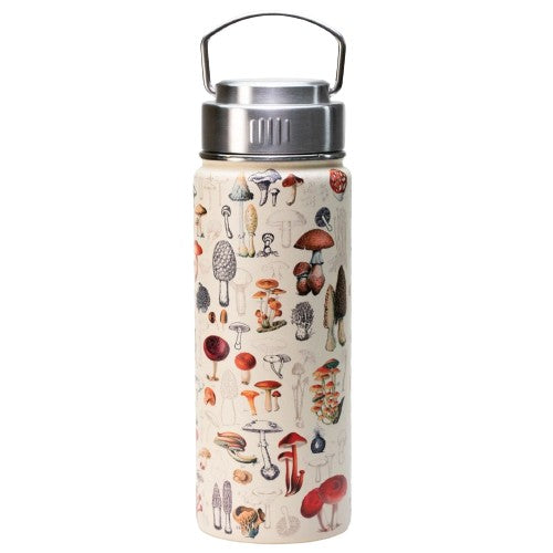 The Cognitive Surplus Vacuum Insulated 500ML Flask Sealed Mushroom is a white stainless steel bottle adorned with vibrant illustrations of mushrooms, designed to keep your beverages at the perfect temperature with its BPA-free, vacuum insulated construction.
