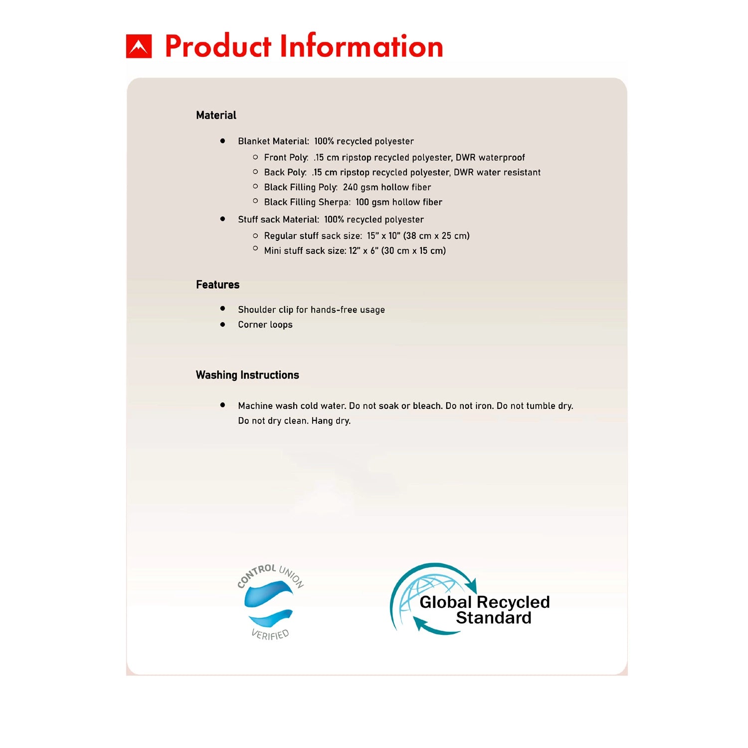 Colisco Mountain Peaks Puff Camping Blanket 52” x 75”: Materials, features, and care sheet for outdoor adventure gear.