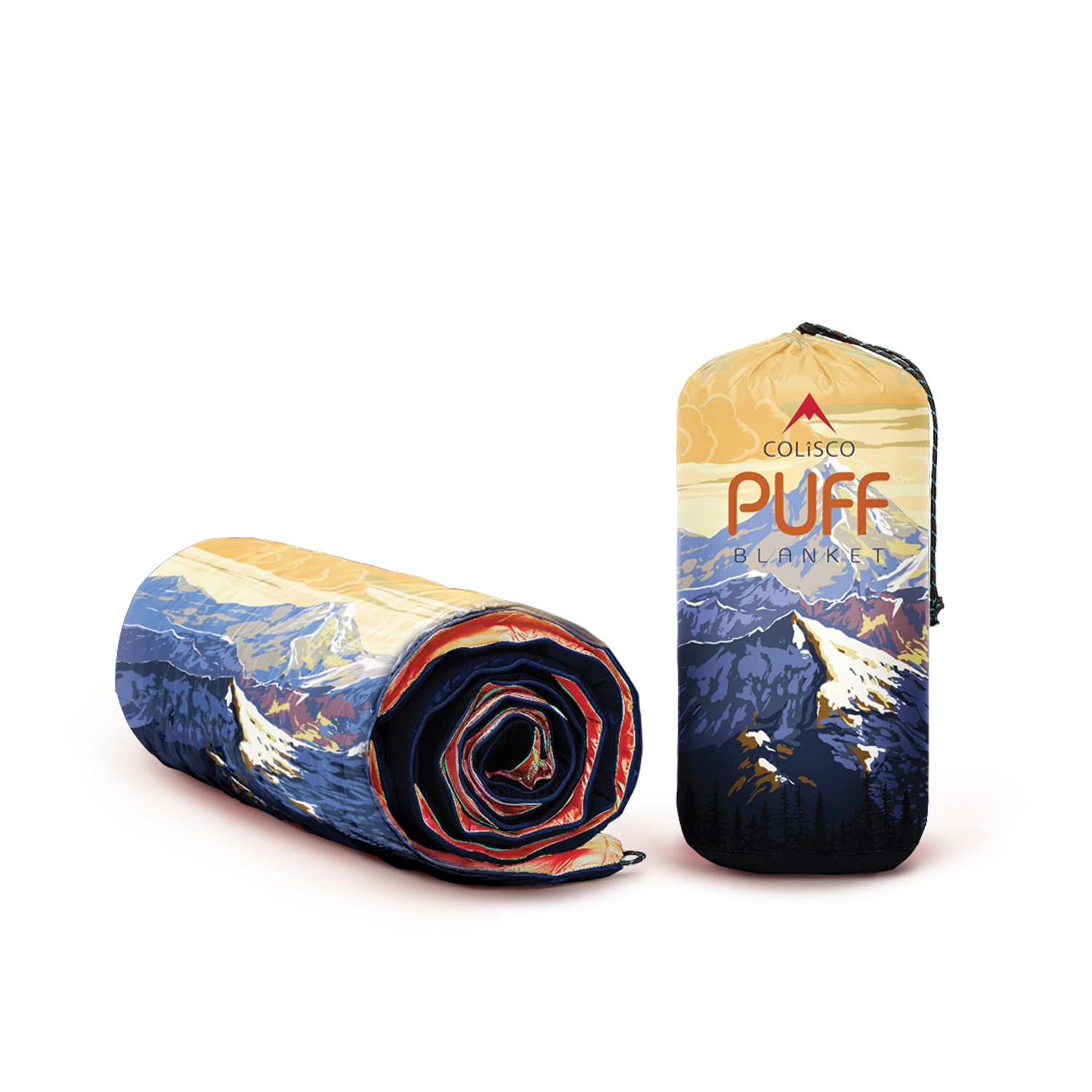 Colisco Mountain Peaks Puff Camping Blanket 52x75 rolled up next to labeled carrying case; outdoor gear for hiking and travel.