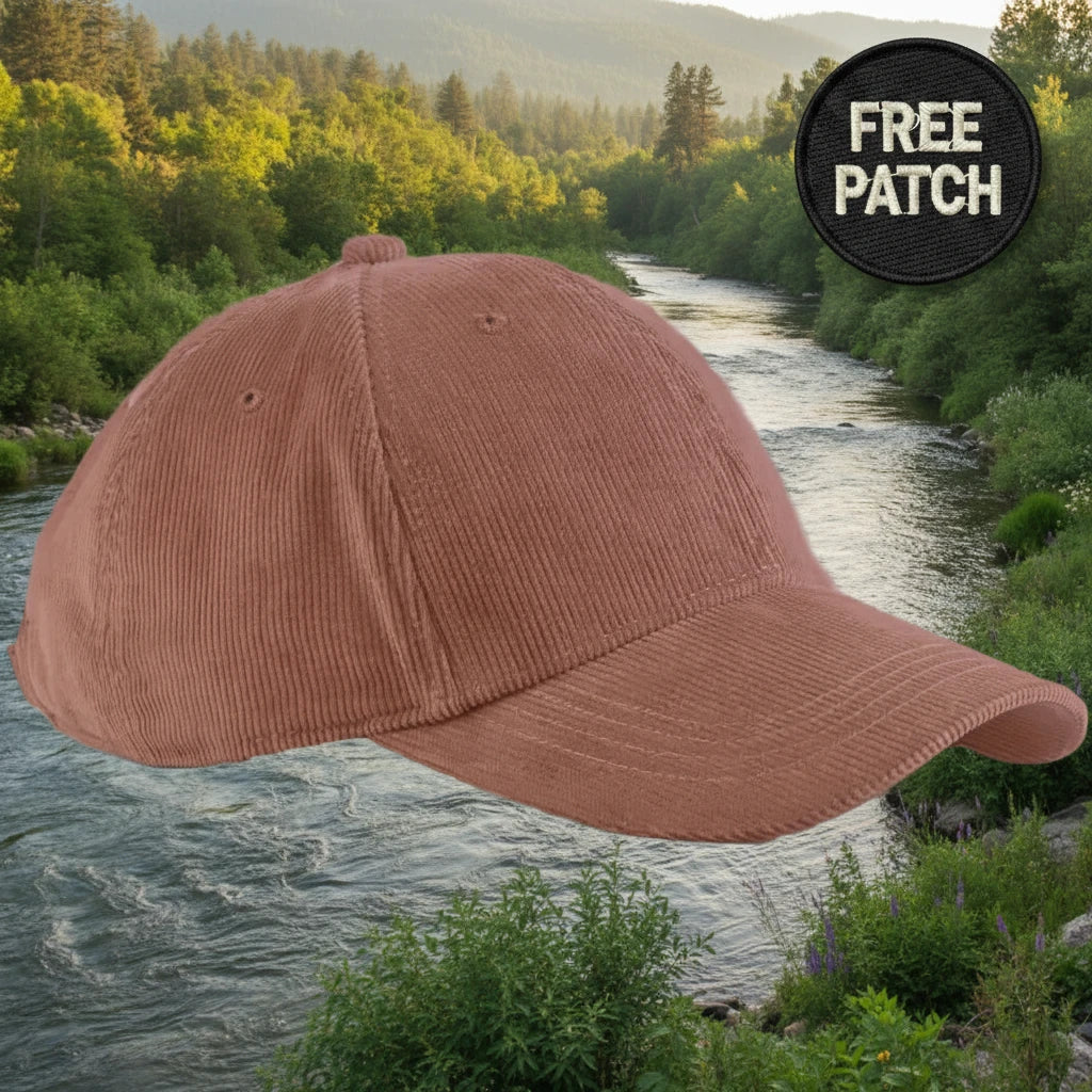 Beechfield Earthaware® Redwood Cord Baseball Cap with Forager Provisions patch, eco-friendly hat displayed on white background.