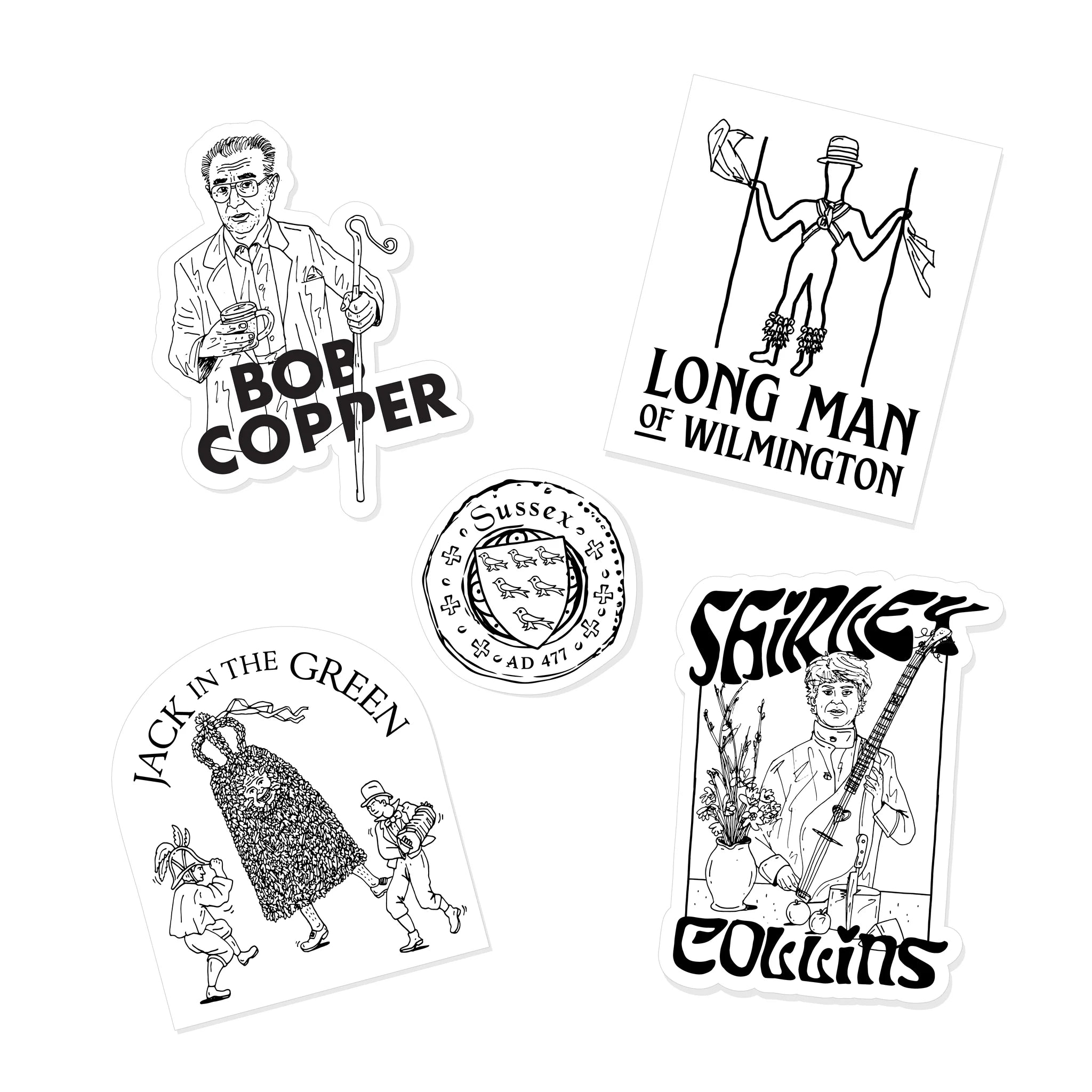 Weird Walk 5 Sticker Pack – Sussex: black-and-white portraits & Sussex emblem stickers on white, collectible by Weird Walk.