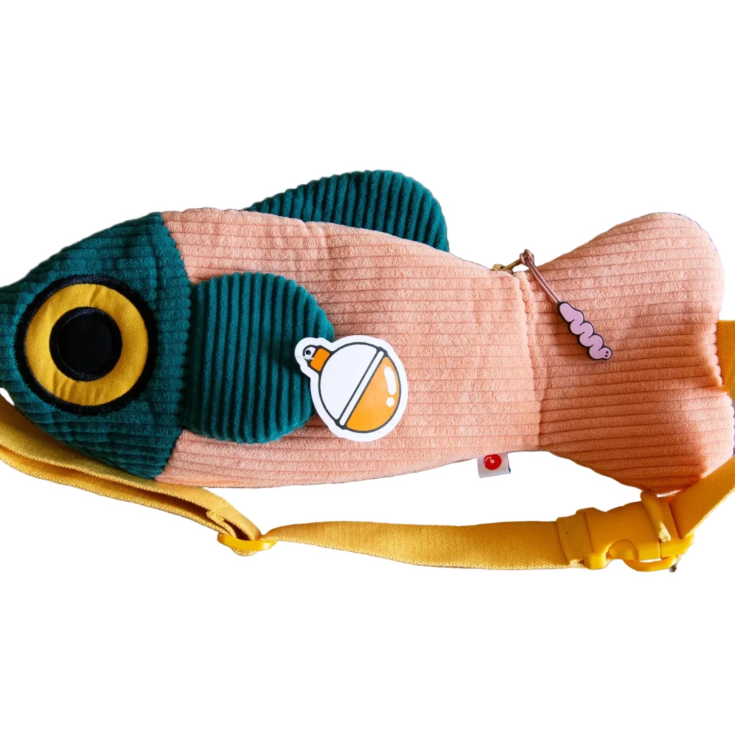Curlworks The Fish Bag: coral salmon, dark green crossbody with yellow strap, pins. Trendy colorful designer handbag for 2024.