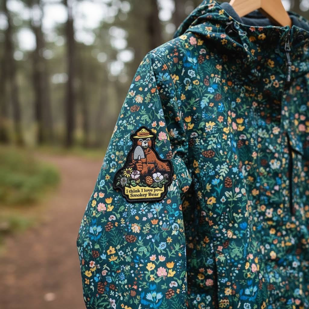 Forager Provisions LTD Smokey Bear I Love You patch attached to a floral patterned outdoor jacket in a forest setting.