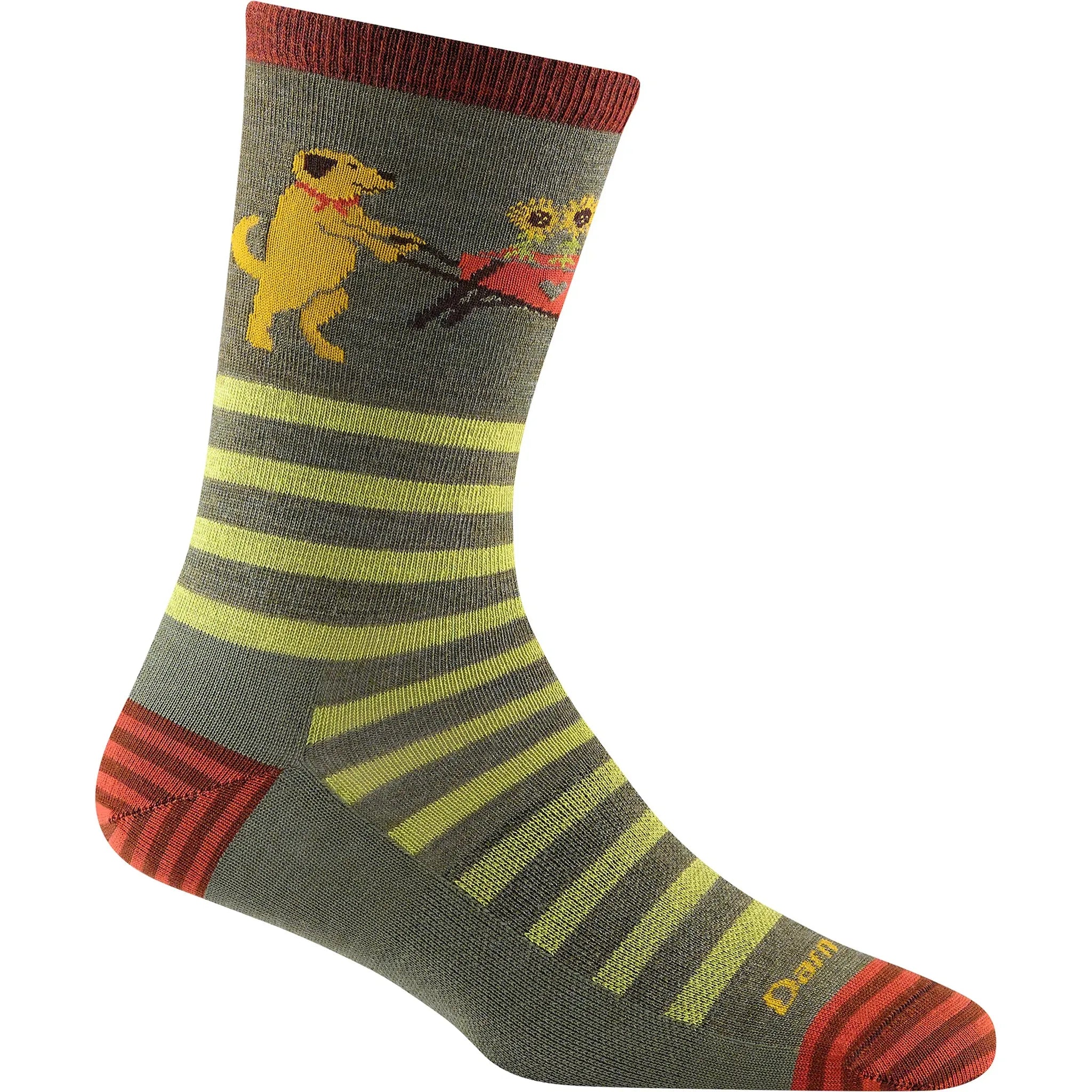 The Darn Tough Vermont Lifestyle Women’s 6037 Dog Gardening Socks feature an olive green color with red trim, adorned with a yellow dog pushing a wheelbarrow full of flowers and horizontal green stripes.