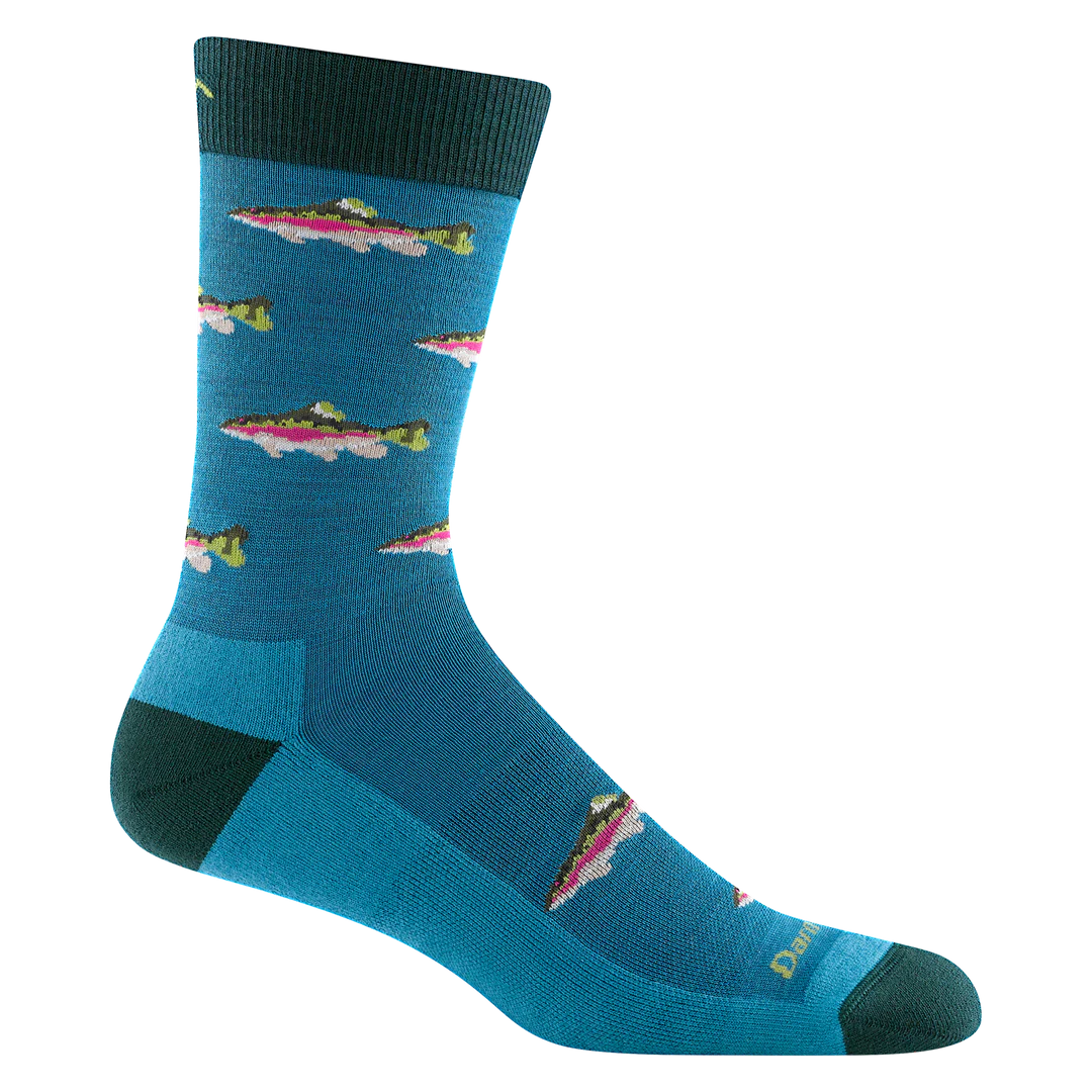 The Darn Tough Vermont Lifestyle 6085 Cascade Spey Fly Socks are crafted from blue Merino Wool and feature a vibrant repeating pattern of colorful trout, highlighted with dark green accents on the cuff, heel, and toe.