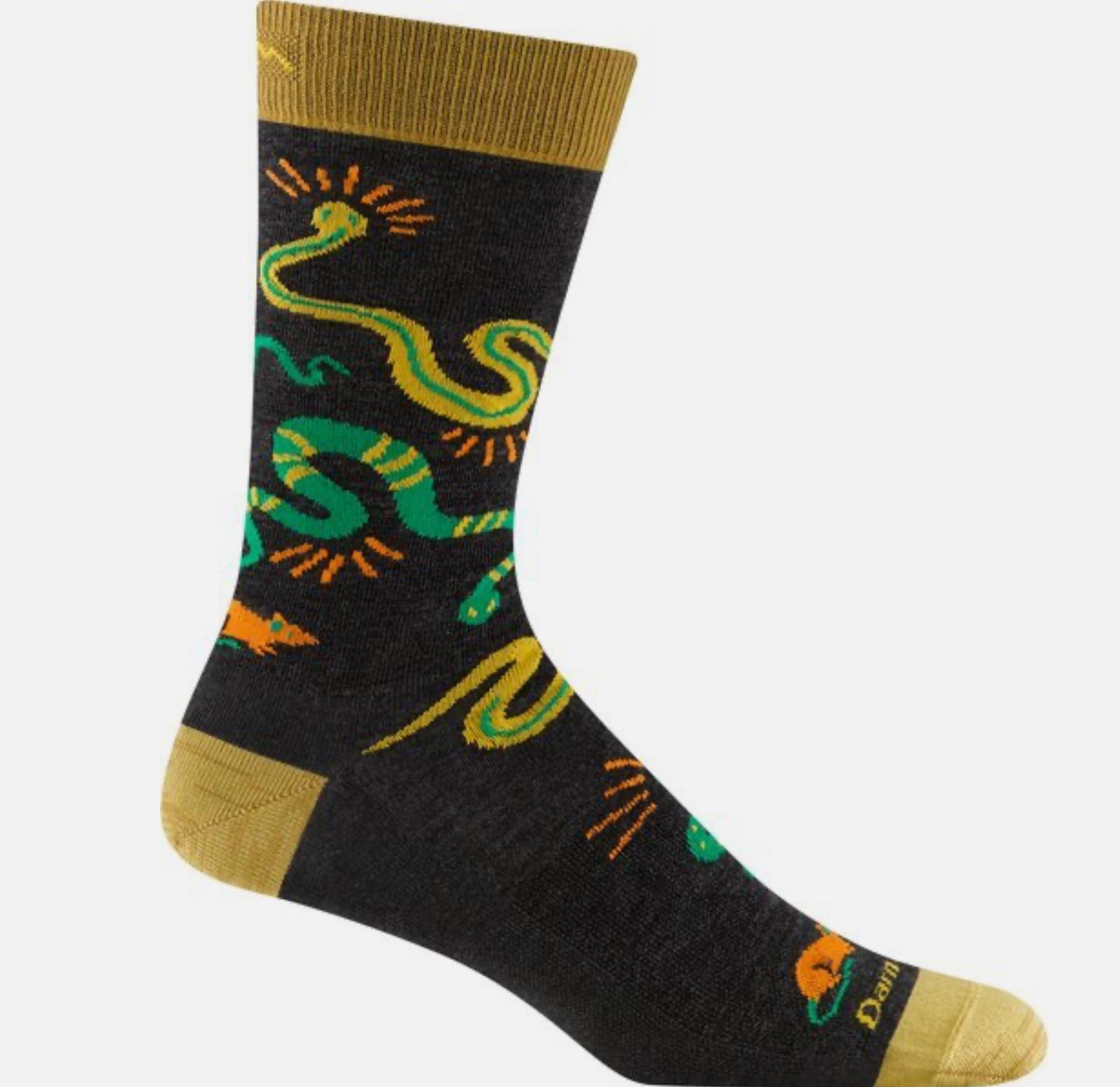 Darn Tough 6119 Charcoal Crew Sock for men, featuring yellow heel/cuff and multicolor green, yellow, orange snake graphic design.