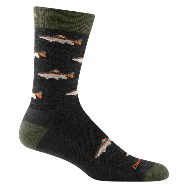 The Darn Tough Vermont Lifestyle 6085 Spey Fly Sock features a black Merino Wool composition with a green heel, toe, and cuff, adorned with a pattern of rainbow trout designs. Ideal for dress shoes and those who appreciate fine details.