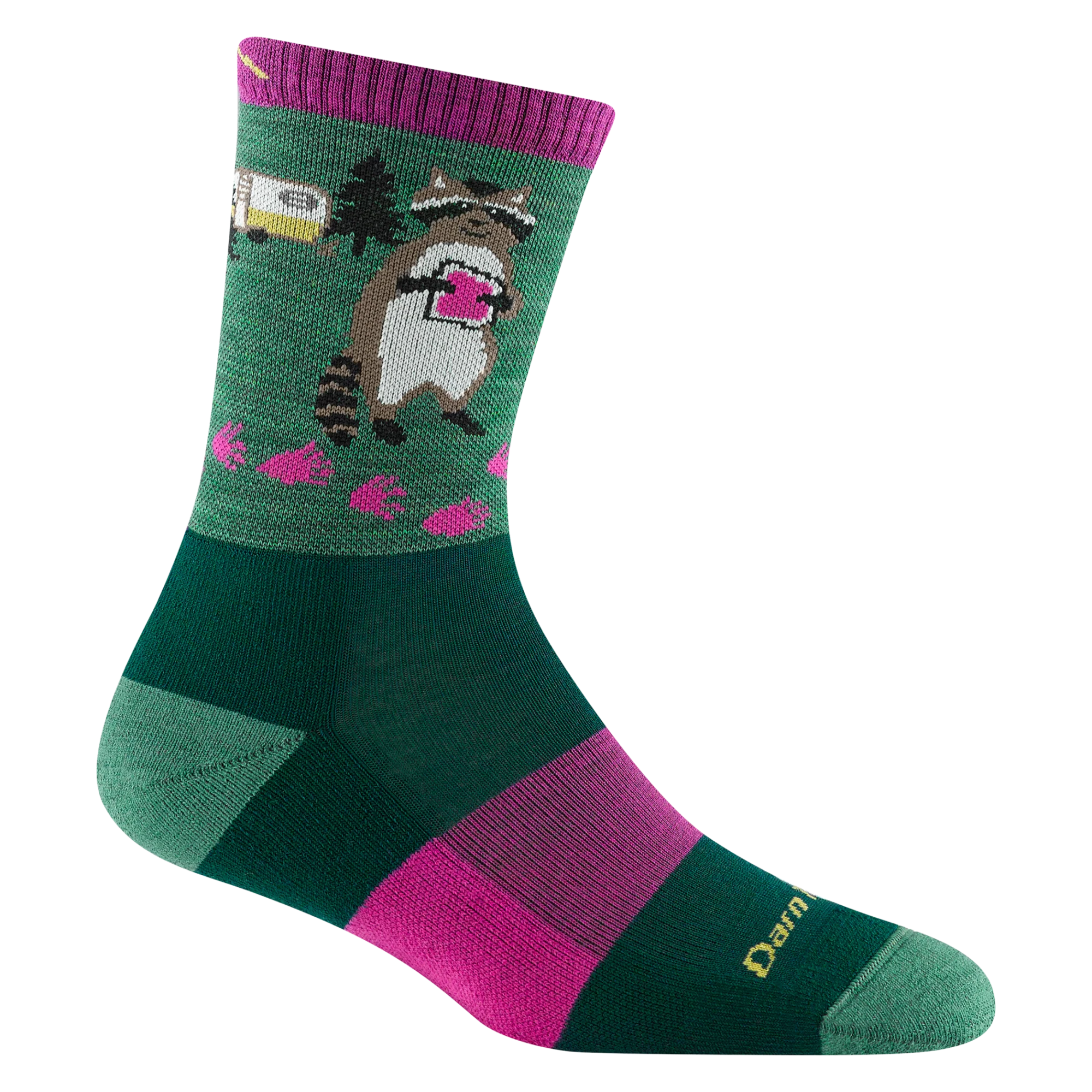 Darn Tough 5001 moss socks with raccoon, food, tree, and paw print designs near ankle—stylish outdoor hiking crew socks.