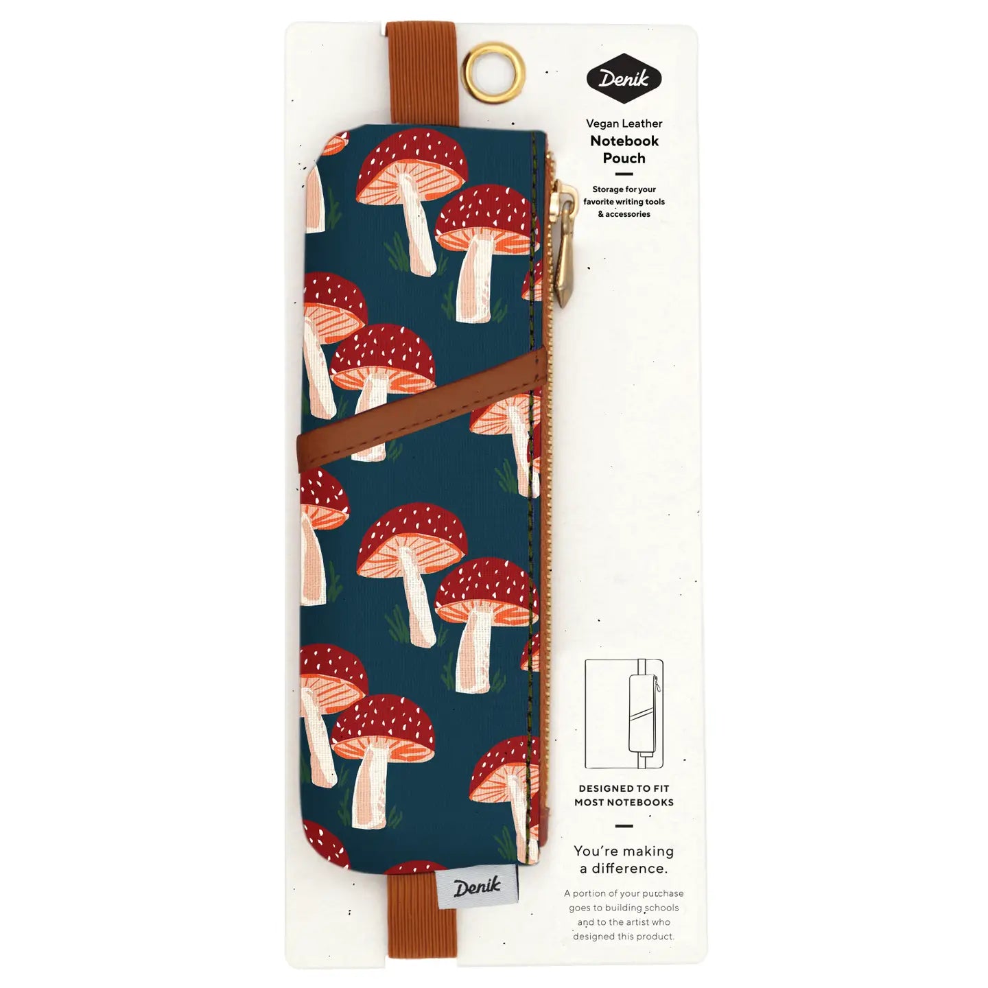 Denik Navy Mushroom Vegan Leather Notebook Pouch—stylish organizer for pens, pencils, and stationery; ideal desk accessory.