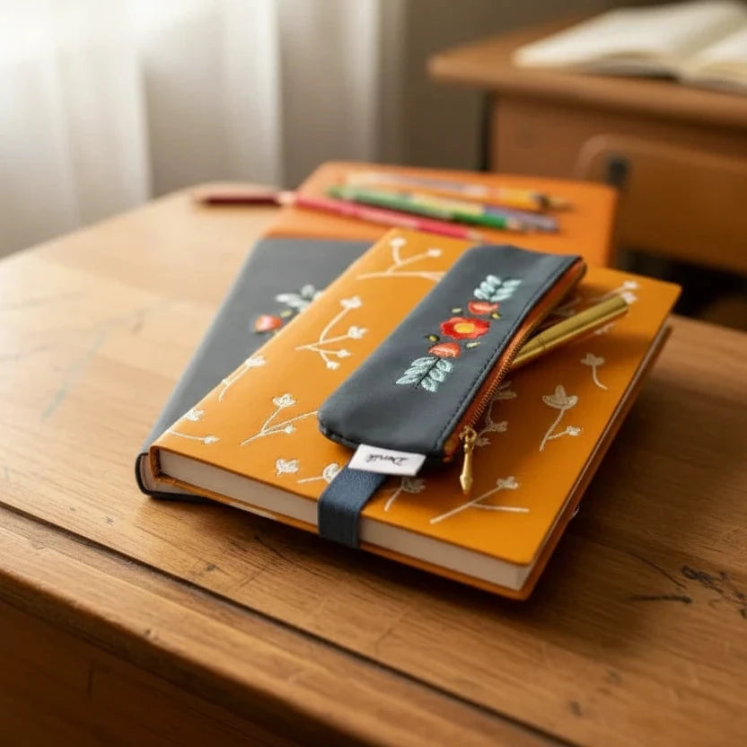 Denik Envelyn Blue Folk Flower pouches, notebooks, and pen on wood; embroidered floral design stationery accessory set.