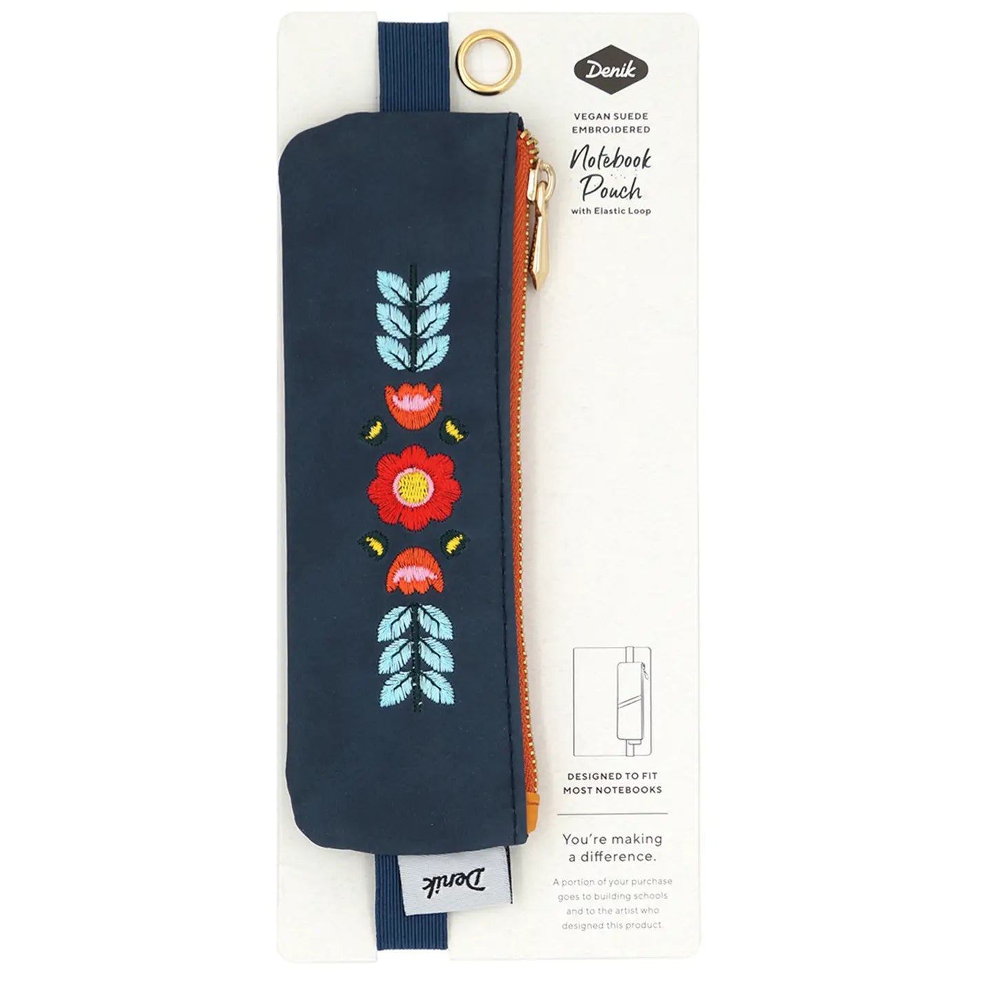 Denik Envelyn blue vegan leather pouch with gold zipper, folk flower embroidery, displayed on white card. Eco-friendly bag.