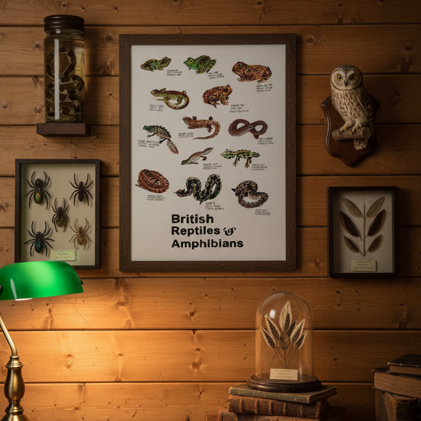 British Reptiles & Amphibians art print by Dick Vincent—wildlife illustration, labeled UK species, educational home wall decor.