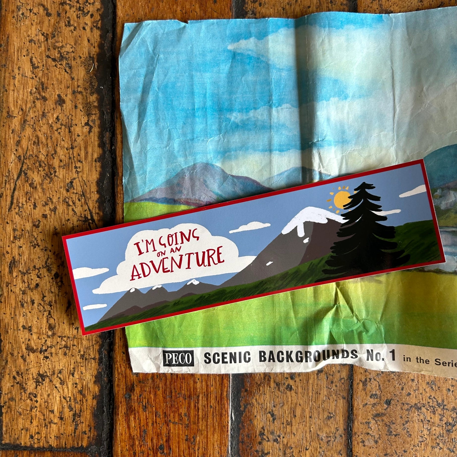 Im Going On An Adventure bumper sticker by Dick Vincent on PECO Scenic Backgrounds No. 1, perfect road trip decal.