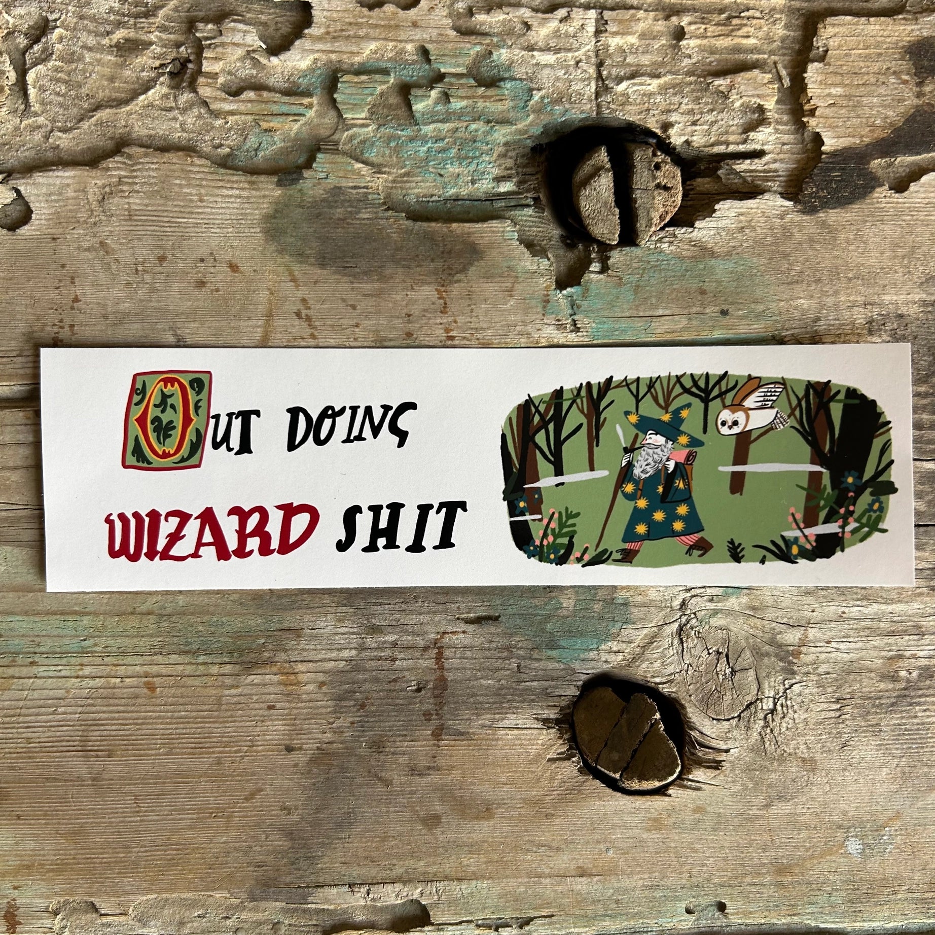 Whimsical bumper sticker with wizard, owl, and forest art by Dick Vincent—unique car decor from Dick Vincent Illustrations.