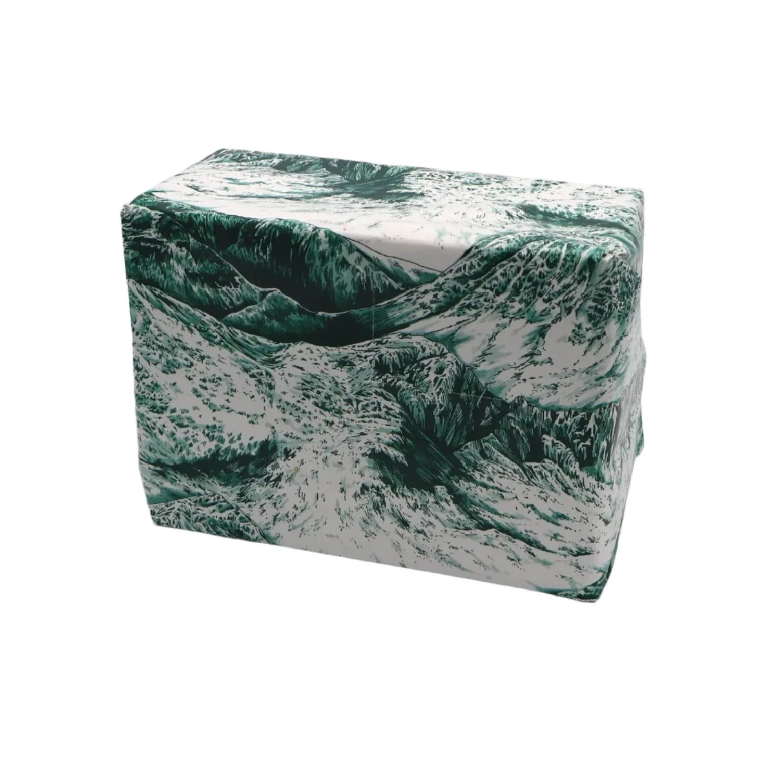 A gift wrapped in paper featuring a detailed green and white illustration of mountain landscapes. The wrapping paper neatly conforms to the shape of the rectangular gift, with the design continuing seamlessly across the folds