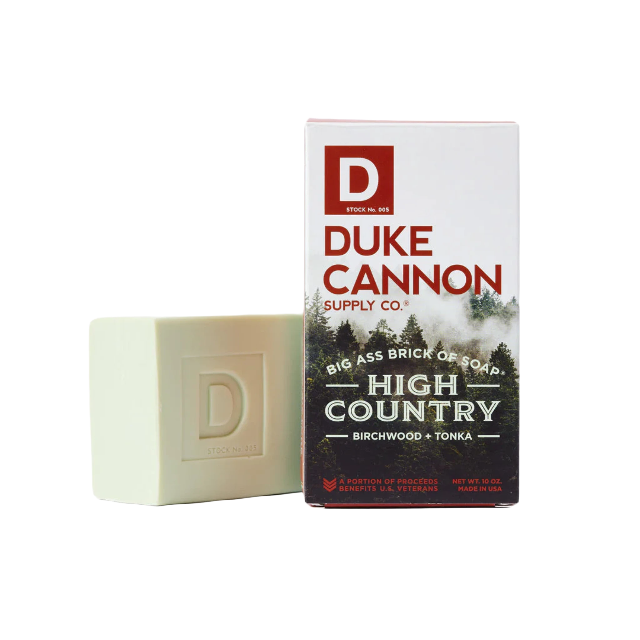 Green bar of triple-milled soap next to the Duke Cannon Big Ass Brick Of Soap High Country Bar box on a white background.