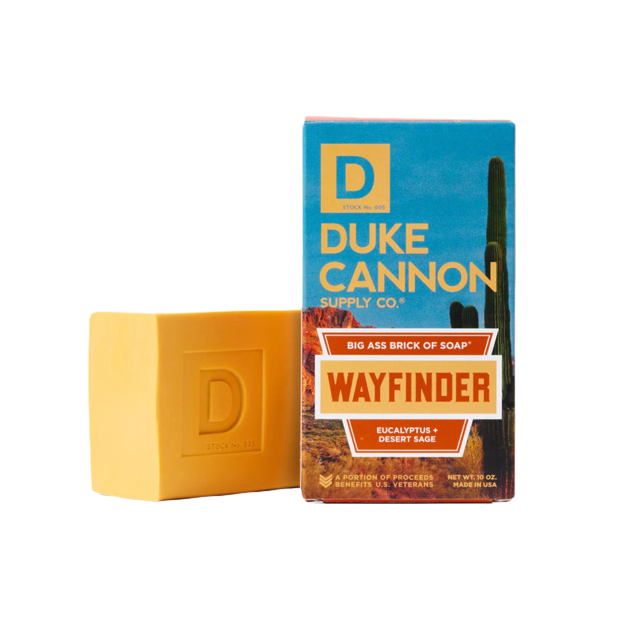 The Duke Cannon Big Ass Brick Of Soap Wayfinder Bar, boldly labeled and featuring a refreshing eucalyptus scent blended with the earthy aroma of desert sage, truly stands out.
