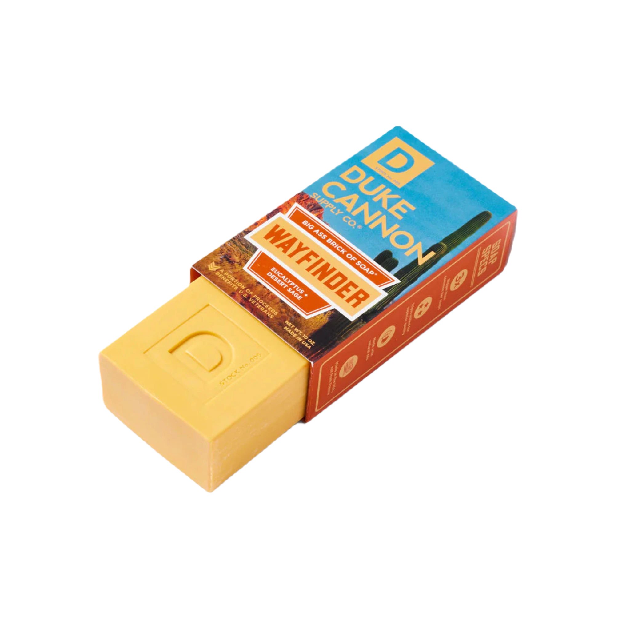 The Duke Cannon Big Ass Brick Of Soap Wayfinder Bar, boldly labeled and featuring a refreshing eucalyptus scent blended with the earthy aroma of desert sage, truly stands out.