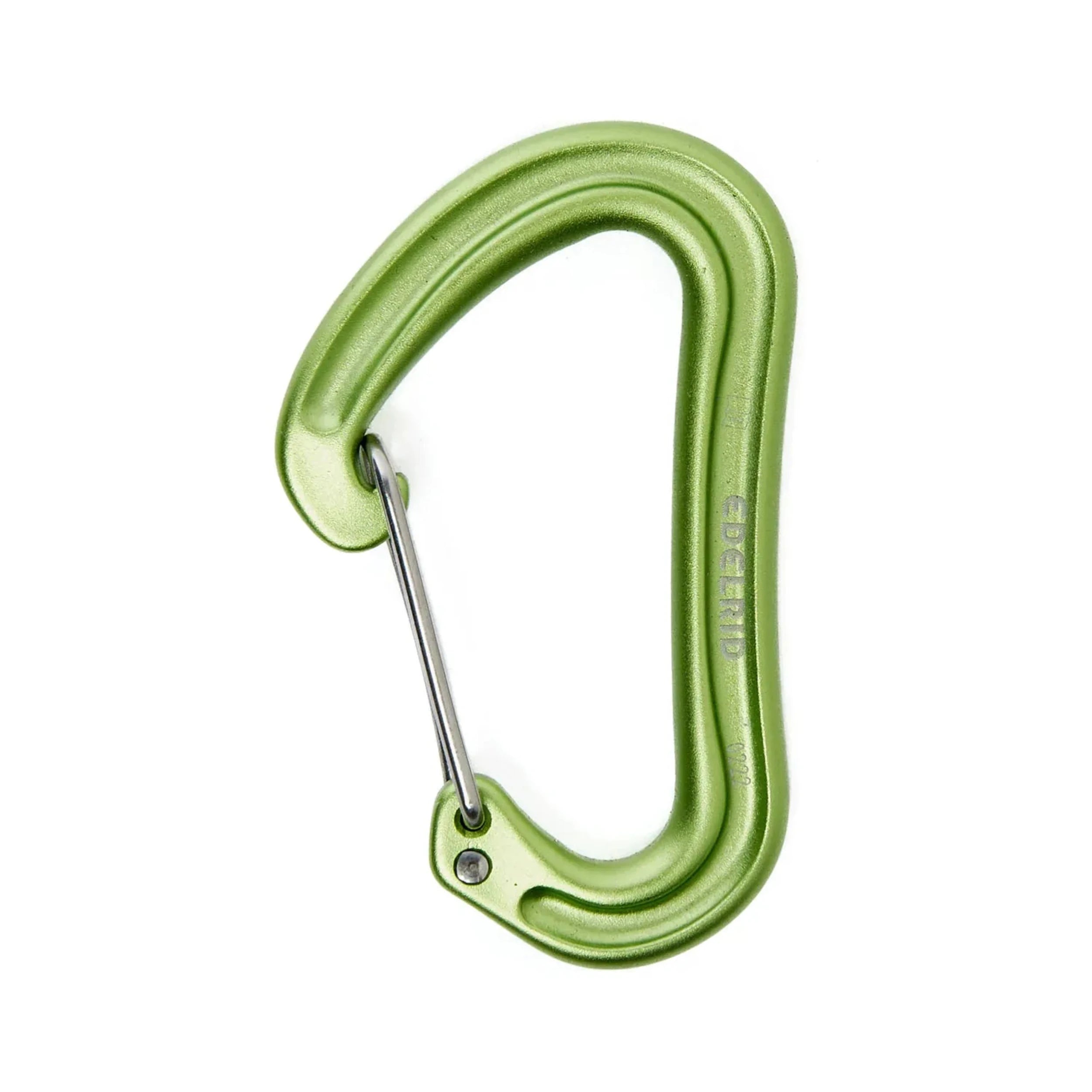 The Edelgrid Carabiner Quick Draw Nineteen G - Oasis, a lightweight green wire-gate carabiner made of aluminum, is isolated on a white background.