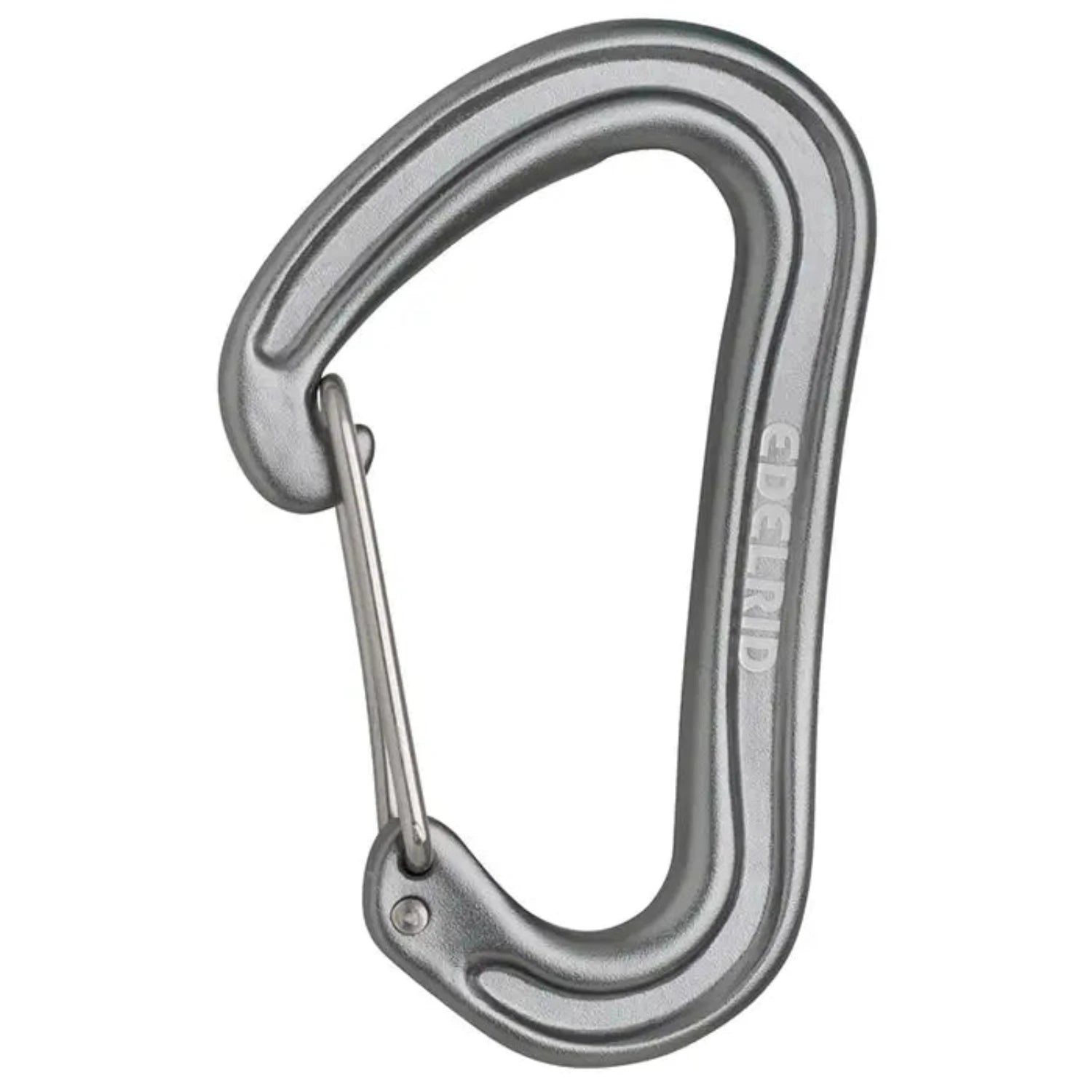 A lightweight Edelrid Carabiner Quick Draw Nineteen G - Slate, featuring a silver wire-gate mechanism, a slightly curved, asymmetrical design, and crafted from strong aluminium alloy with EN 12275 certification.