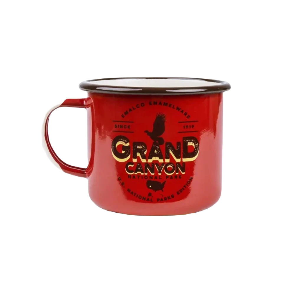 A 22oz enamel mug with a vintage look, featuring the words "Grand Canyon National Park" and an eagle design, along with "Emalco Enamelware Since 1899.