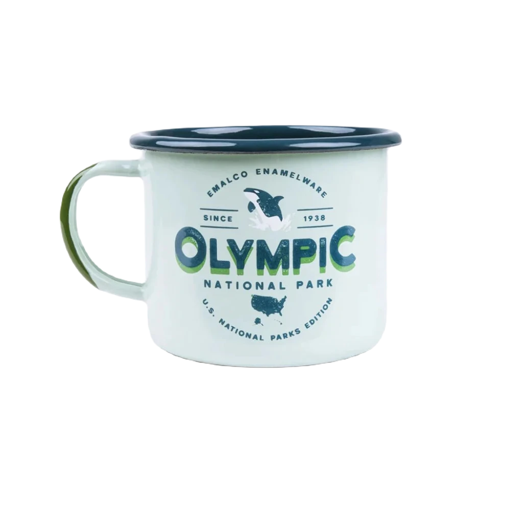 The Emalco Enamelware 22oz Enamel Olympic National Park Mug features a light green design adorned with the text "Olympic National Park" and a graphic of an eagle, giving it a charming vintage look. The handle is in a darker shade of green.