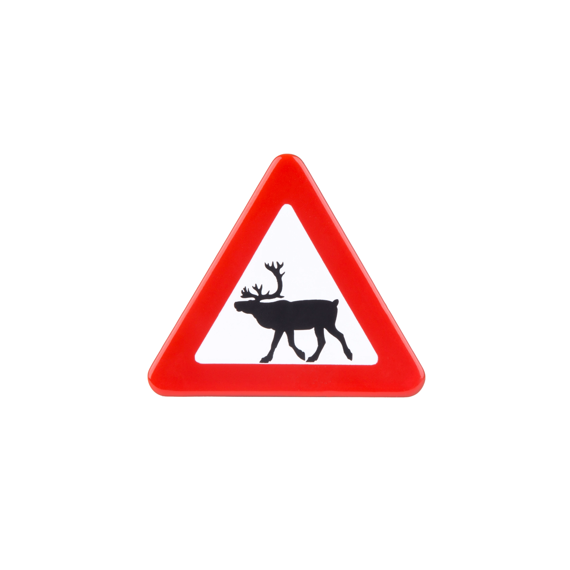 Introducing the Emalco Enamelware Reindeer Magnet, a unique triangular traffic sign design featuring a red border and a black silhouette of a deer, indicating wildlife crossing. Ideal as distinctive home decor or Svalbard gifts, this whimsical design is sure to add charm as an enamel fridge magnet.