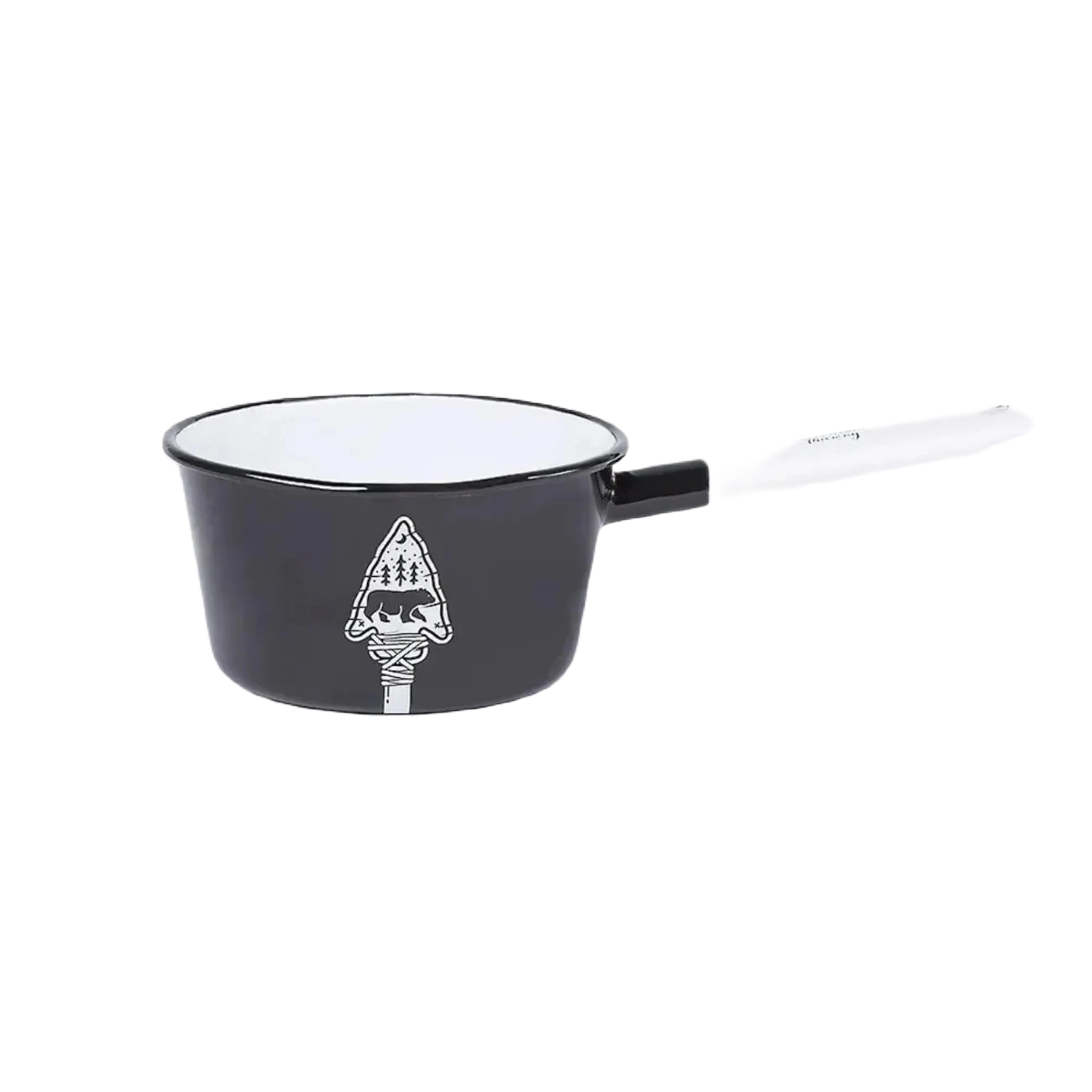 The Emalco Enamelware Enamel Bear & Arrow Saucepan is a black enamel saucepan with a white interior and a white handle, adorned with a graphic of a trowel with trees on the side—an ideal piece of enamelware for travel enthusiasts who value both functionality and style in their kitchenware.