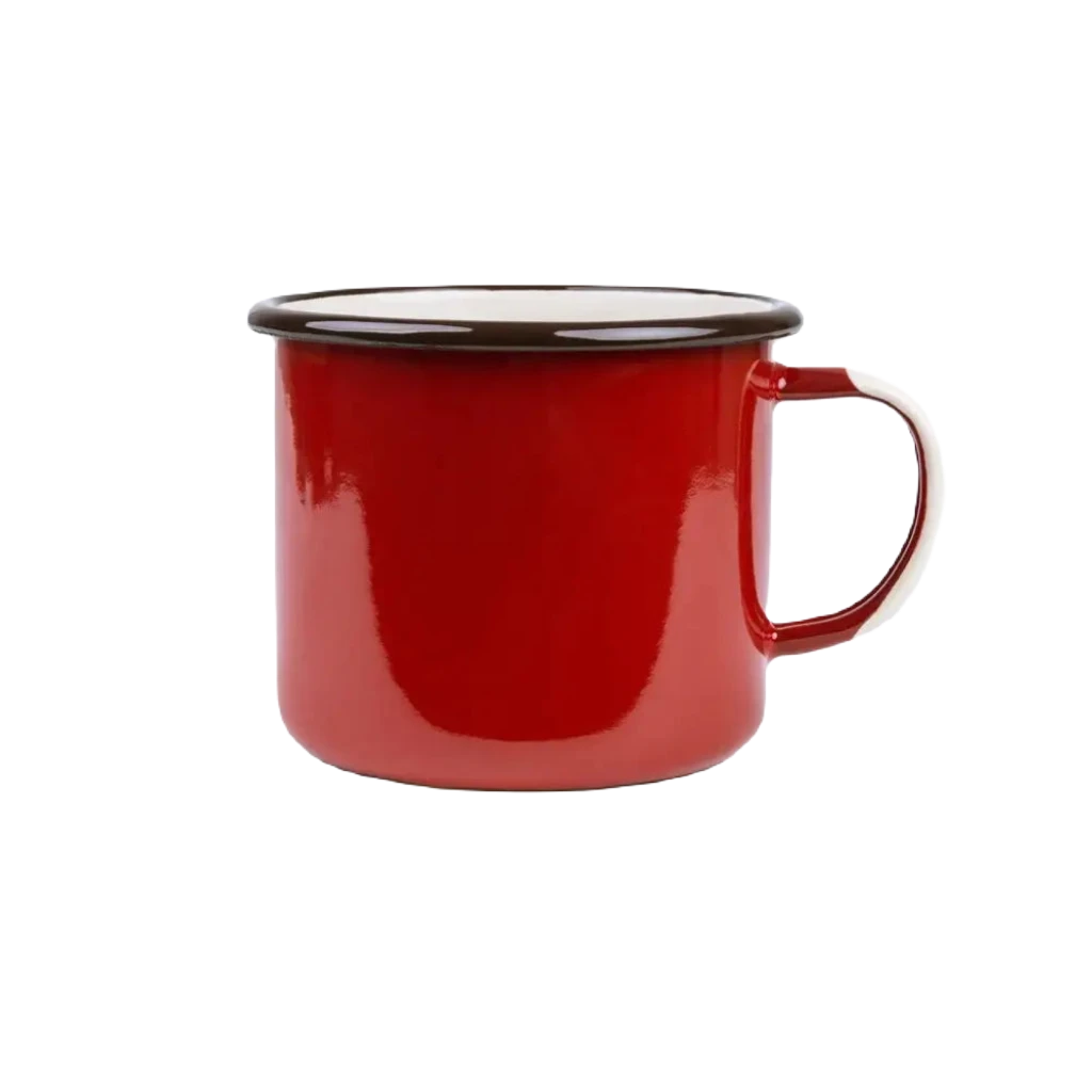 An Emalco Enamelware 22oz Enamel Grand Canyon National Park Mug, featuring a red finish with a black-rimmed top and handle for a vintage appeal, displayed against a plain white background.