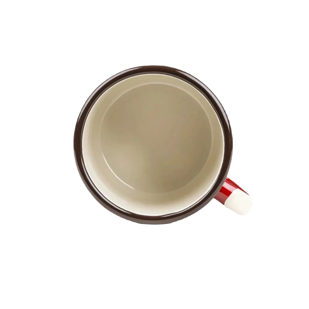 Top-down view of the Emalco Enamelware 22oz Enamel Grand Canyon National Park Mug, featuring a vintage look with a dark brown rim and a red and white-striped handle, set against a white background.