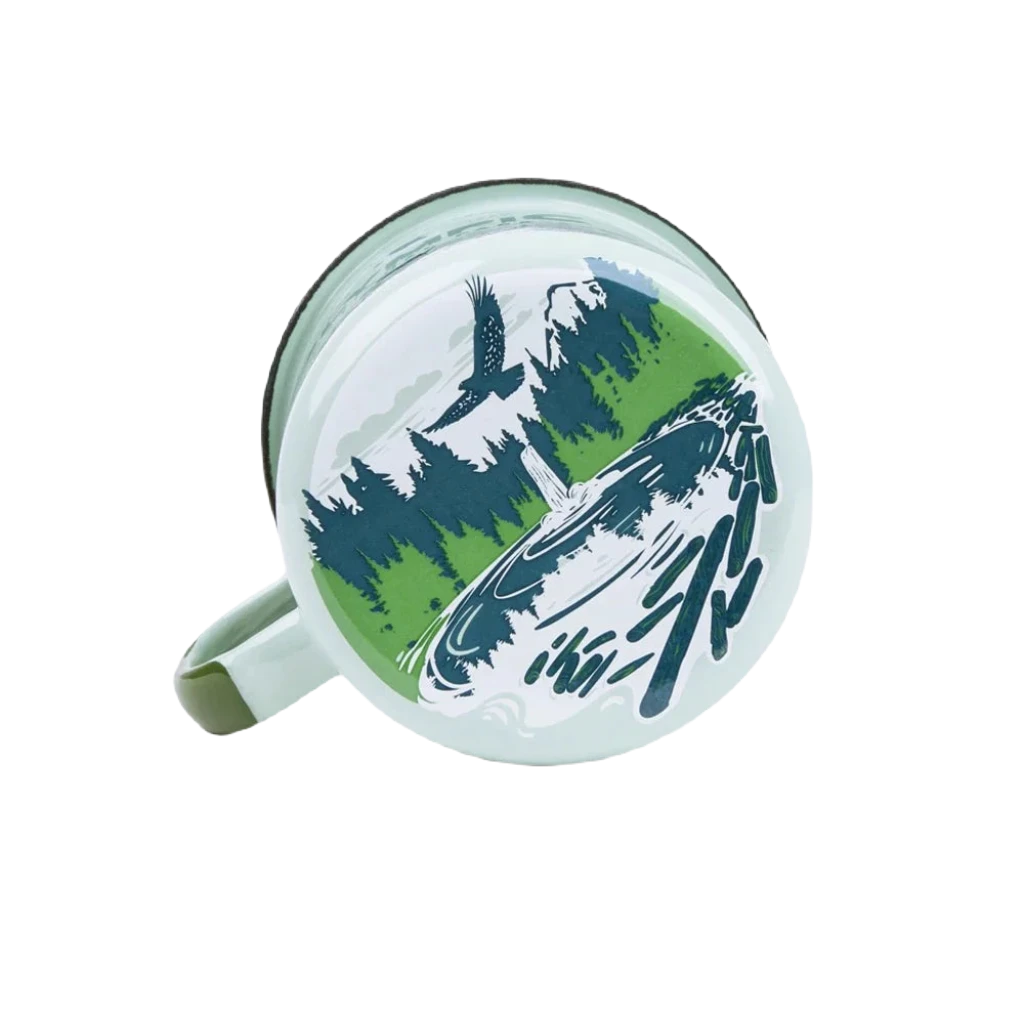 The Emalco Enamelware 22oz Enamel Olympic National Park Mug features a light green design adorned with the text "Olympic National Park" and a graphic of an eagle, giving it a charming vintage look. The handle is in a darker shade of green.