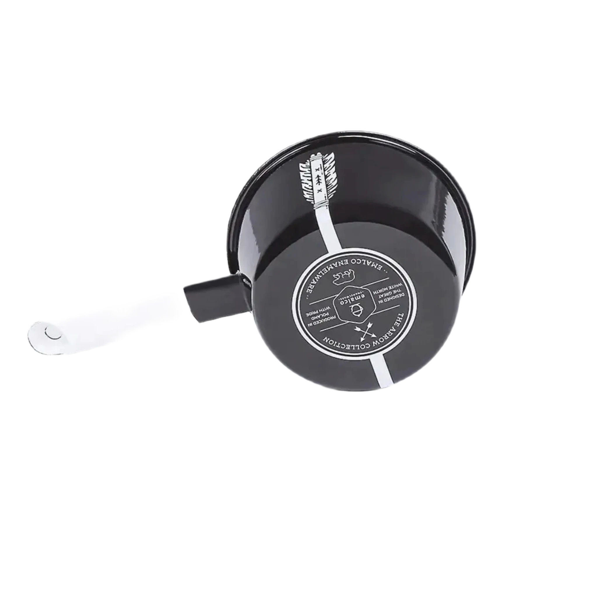 The Emalco Enamelware Enamel Bear & Arrow Saucepan features a striking black enamel finish with a white handle and a label on the bottom, all beautifully showcased against a white background—an ideal travel companion for enamelware enthusiasts.