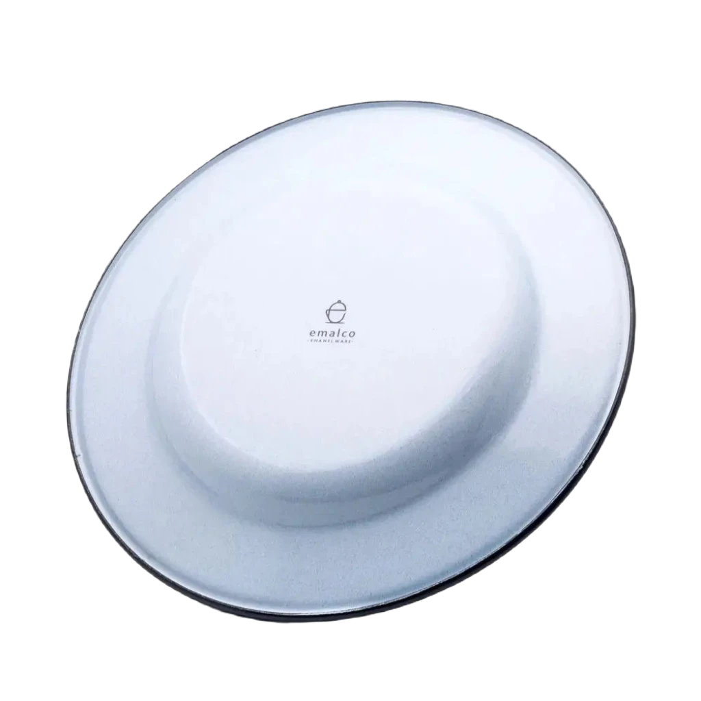 Emalco Enamelware 9.5 Wolf Plate: a white enamelware plate with a black rim and a striking purple silhouette of a howling wolf in the center, perfect for adventurers embarking on a mountain expedition.