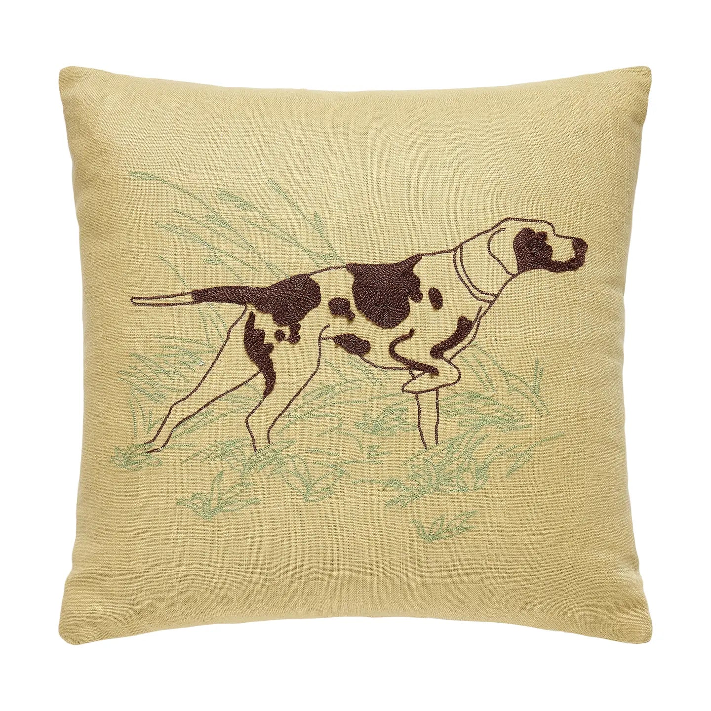 Camp Wandawega Pointer chainstitched pillow with brown and black dog, perfect for rustic cabin or camp-themed home decor accents.