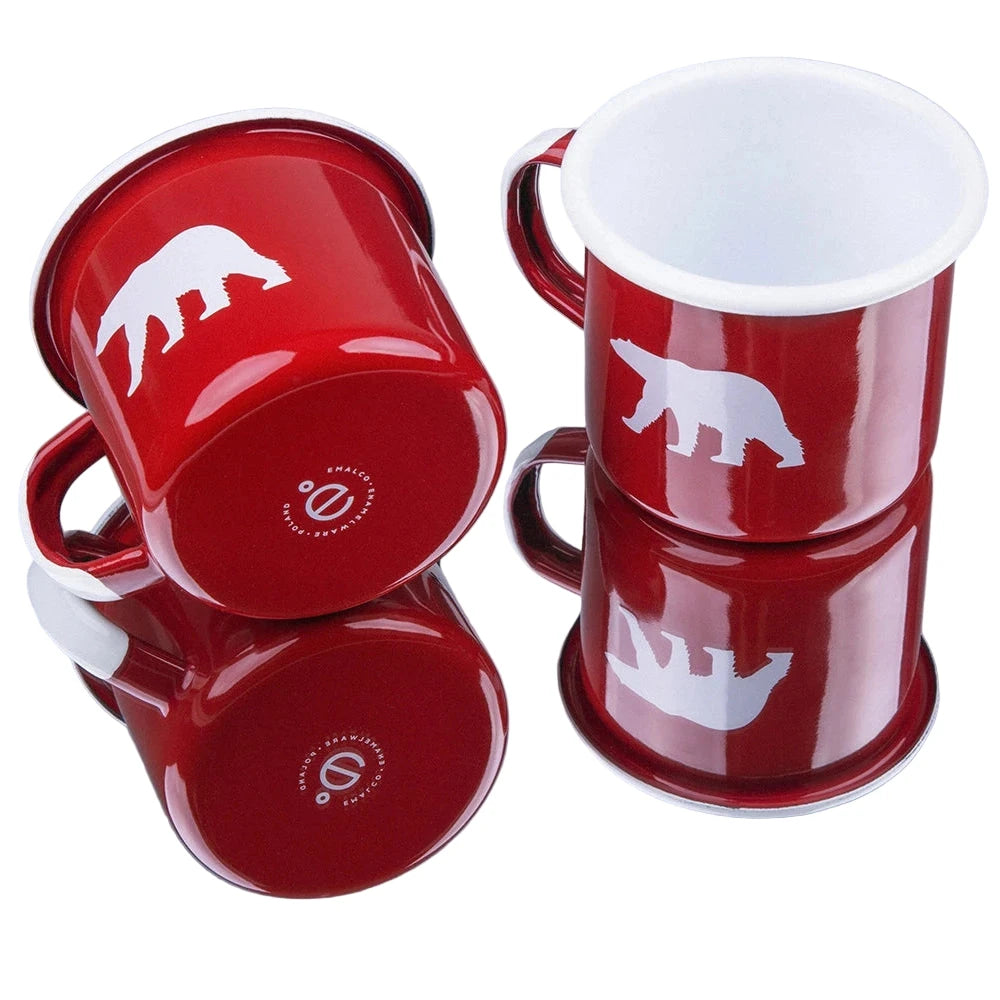 Emalco Polar Bear Dangerous Marine Life 12oz red enamel mug, white bear silhouettes, handcrafted in Poland, unique gift.