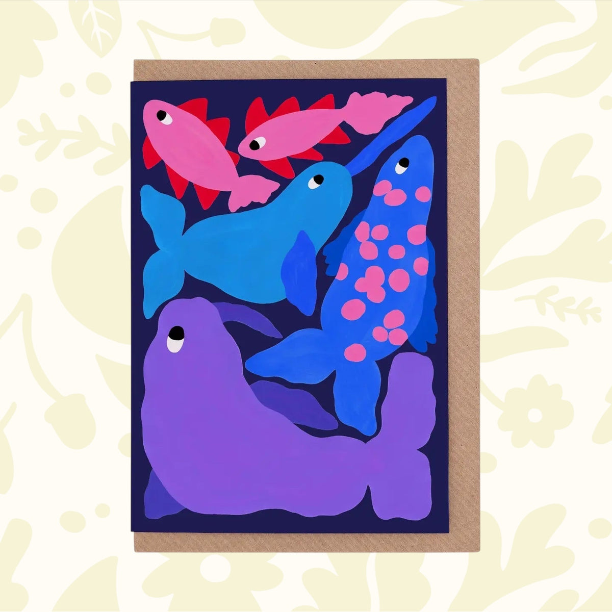 Evermade Arctic Animals WWF greetings card with vibrant fish and seals on a deep blue backdrop, perfect eco-friendly card gift.