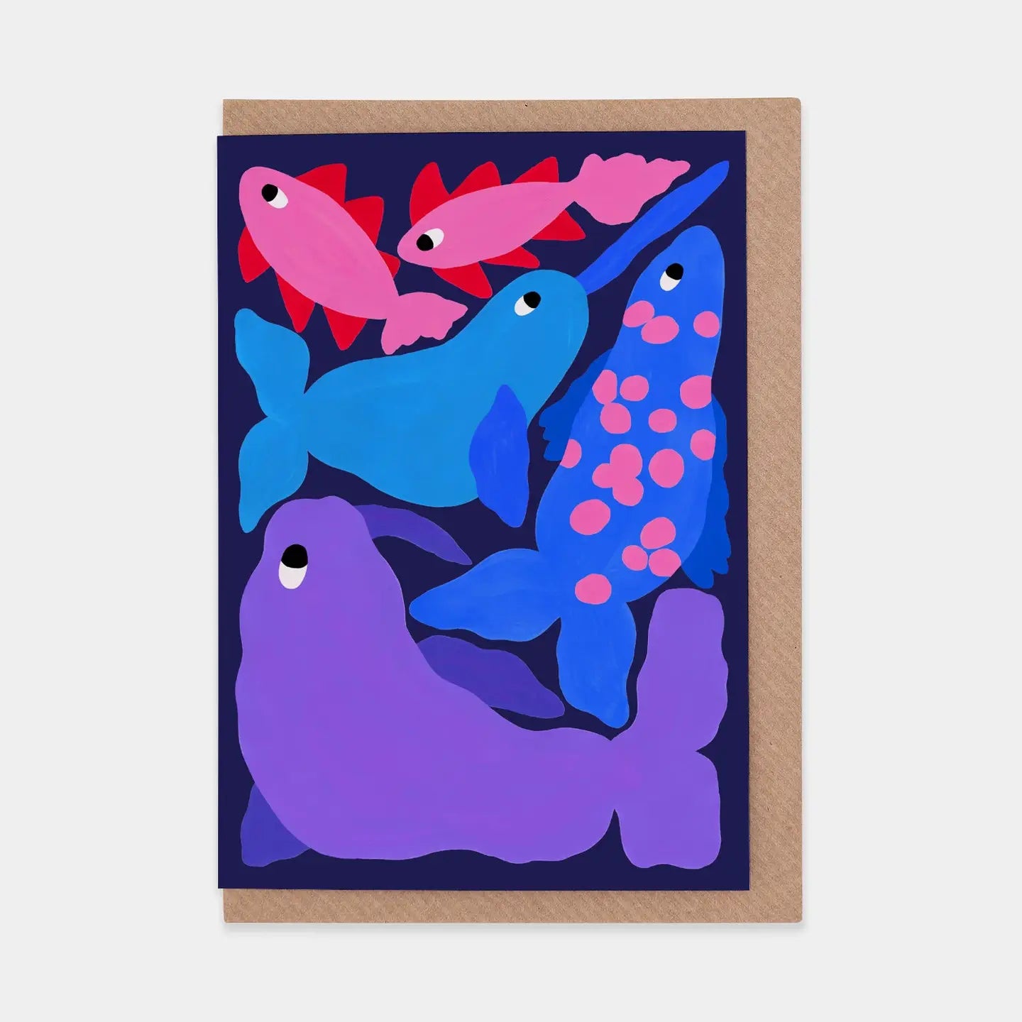 Evermade Arctic Animals WWF greetings card with vibrant fish and seals on a deep blue backdrop, perfect eco-friendly card gift.