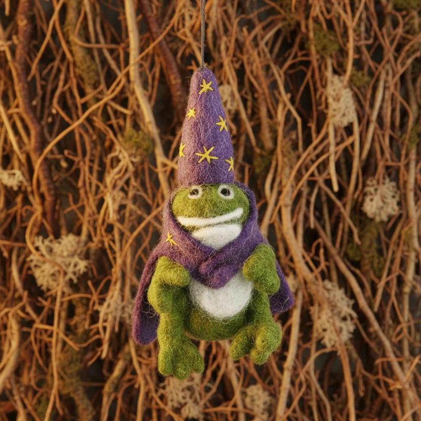 Handmade Felt So Good Frog Wizard hanging ornament with purple star hat and scarf, folklore décor, unique whimsical decoration.