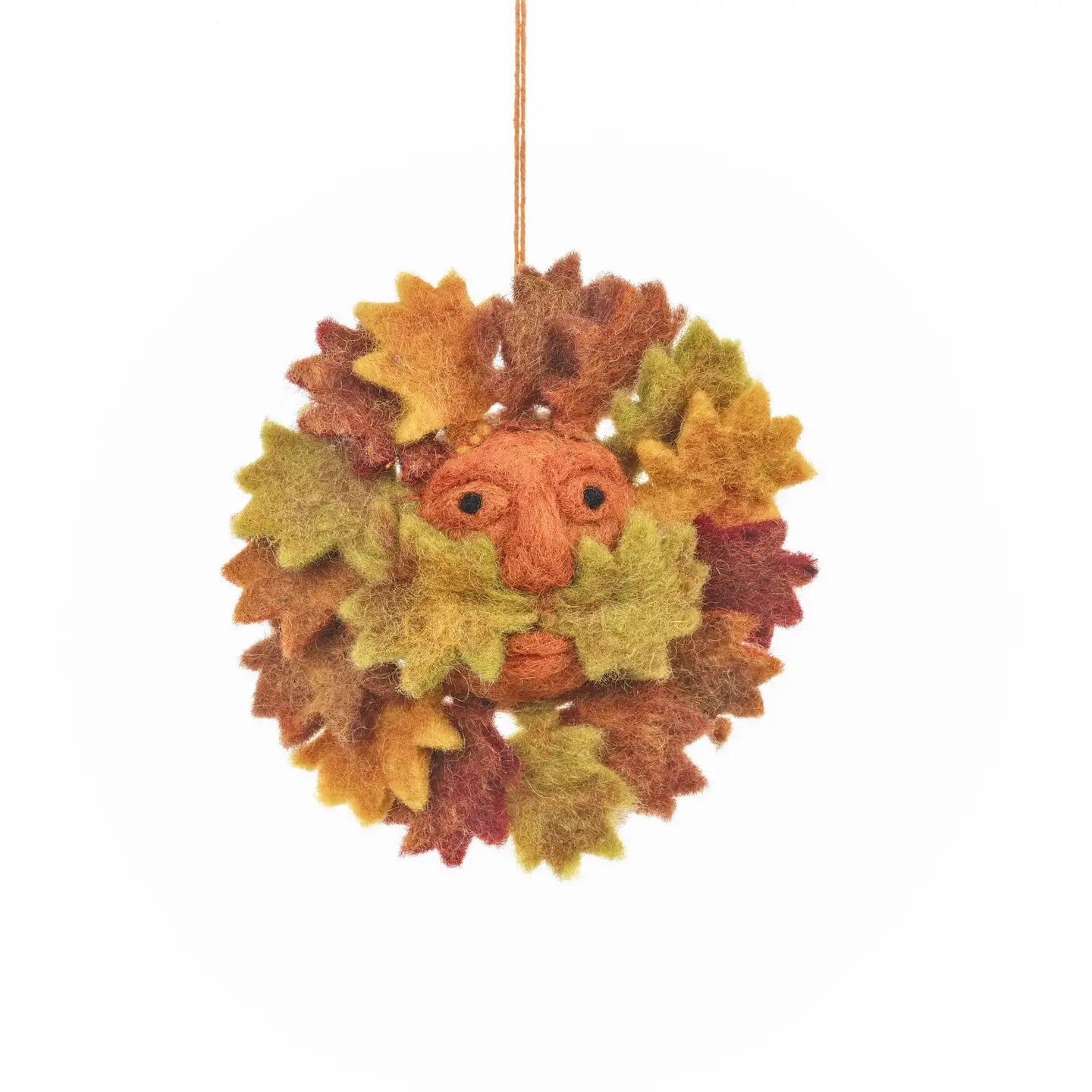 Handmade autumnal Greenman hanging decoration with autumn leaves, crafted from sustainable wool. Eco-friendly fall home decor.