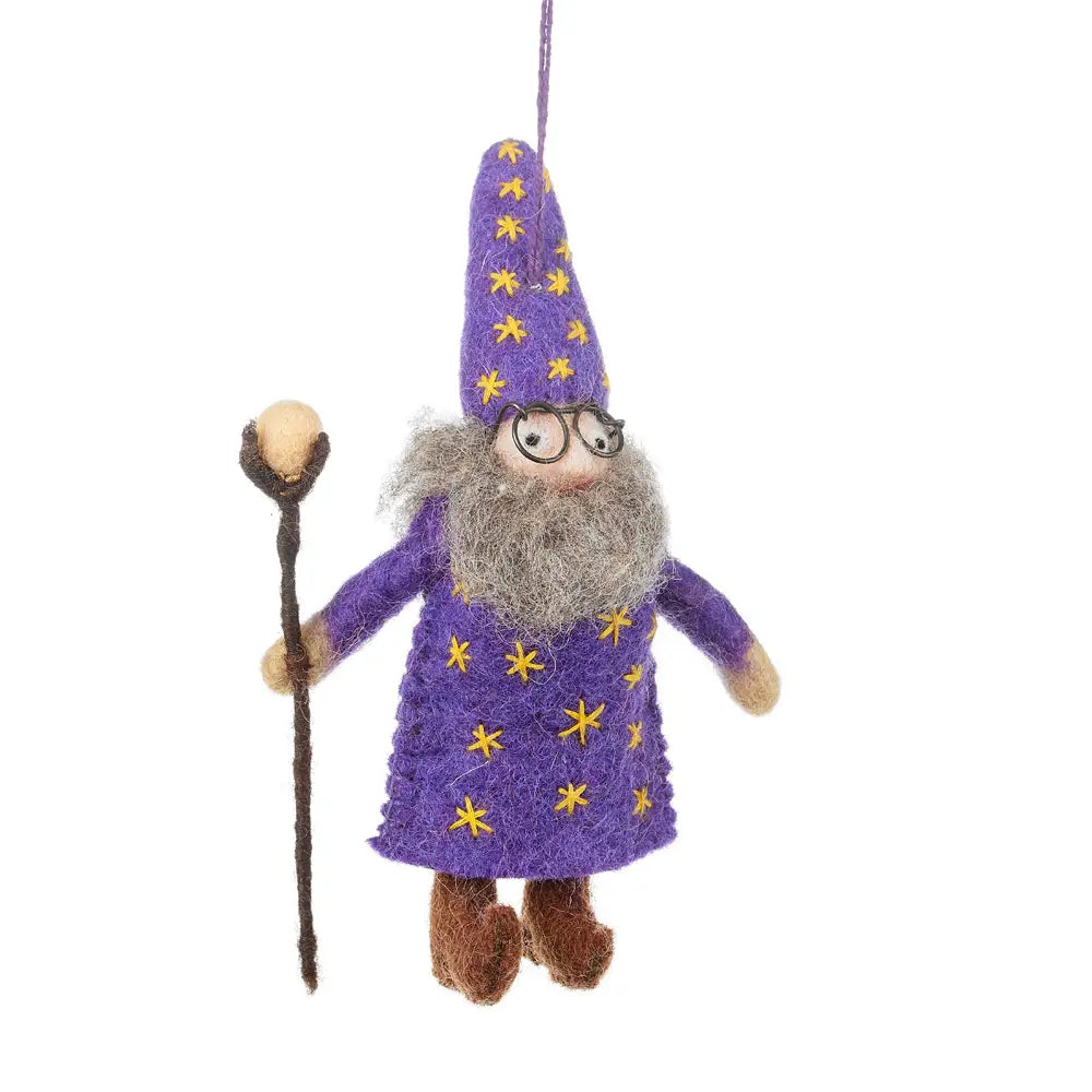 The Felt So Good Wendall the Wizard by Forager Provisions LTD has a purple hat, staff, star accents—unique hanging decor gift.