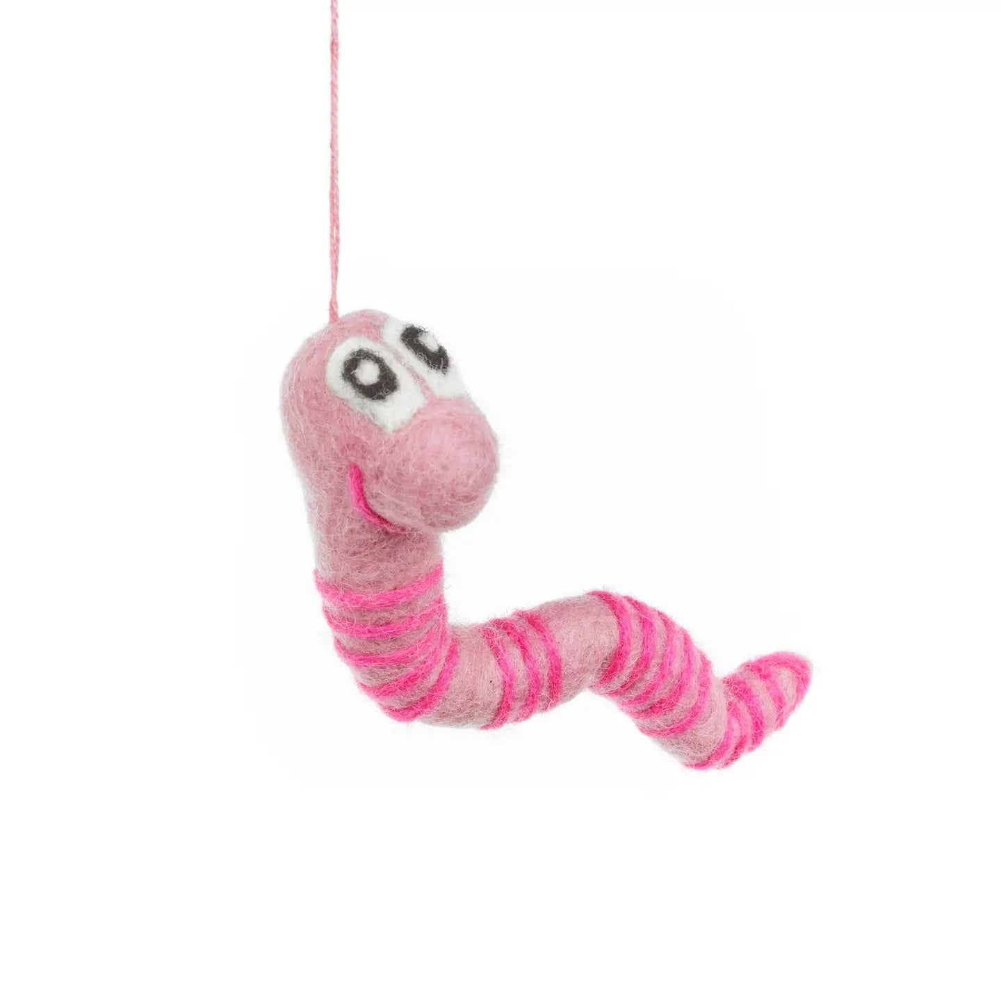 Handmade felt worm decoration with pink and purple stripes, crafted from sustainable wool; eco-friendly kids room decor.