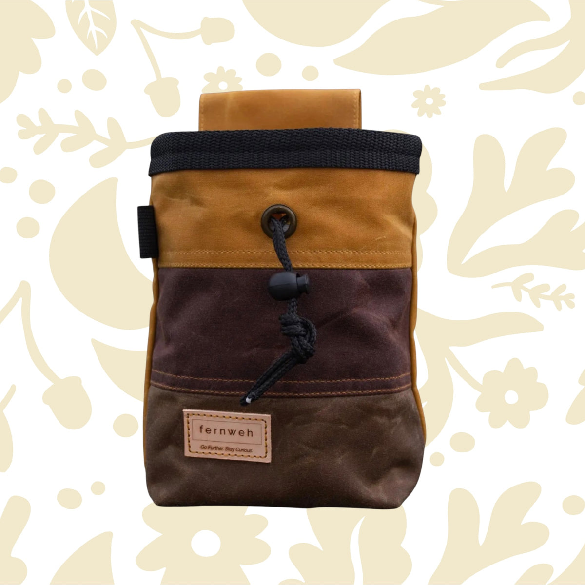 Fernweh UK waxed canvas chalk bag in Sand/Bracken/Bark with patch, drawstring, handmade climbing gear from Scotland.